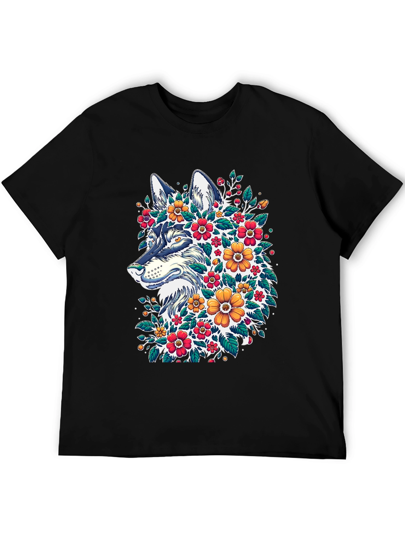 Black Floral Wolf T-Shirt - Artistic Graphic Tee view 5
