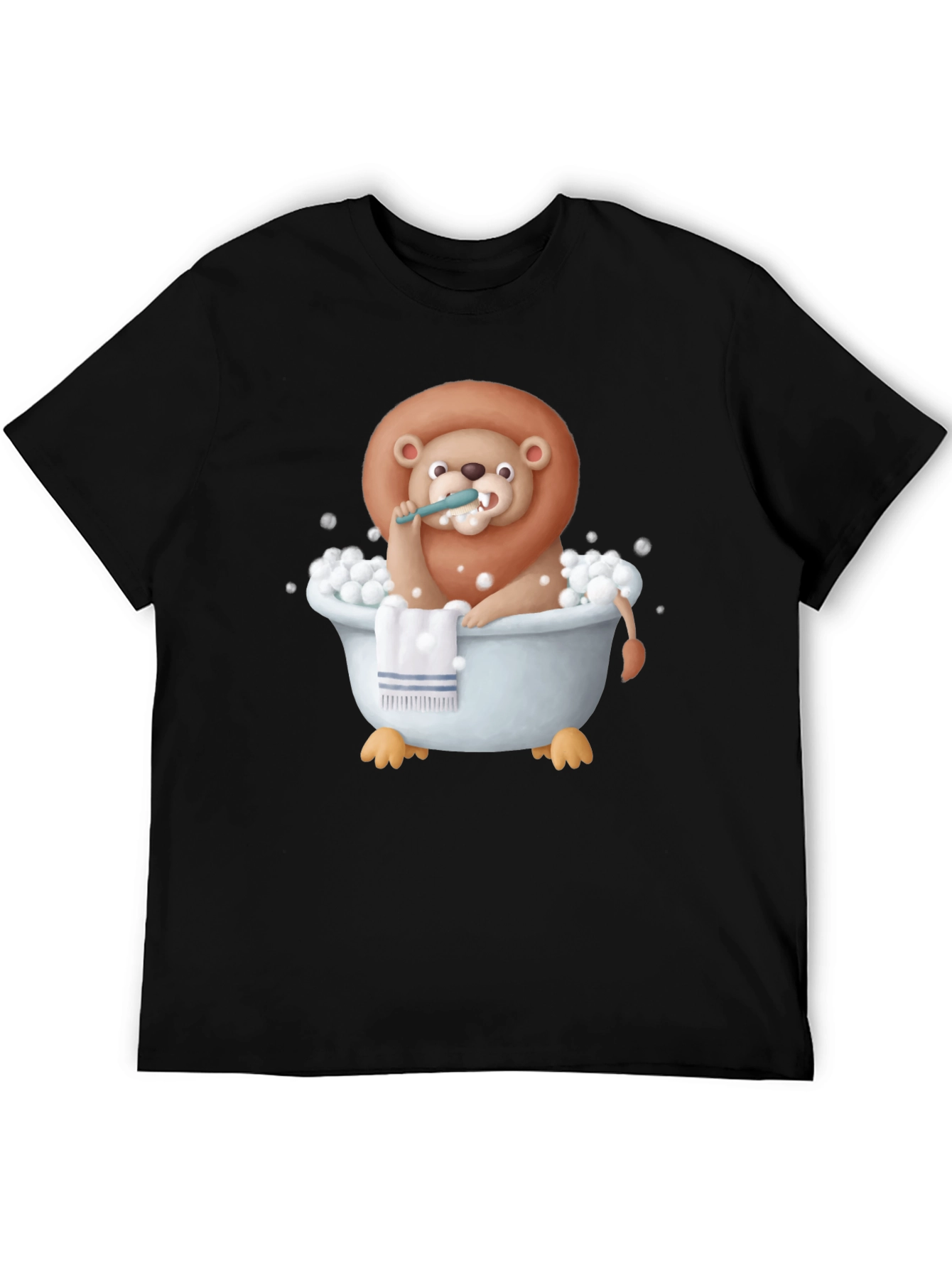 Black Funny Lion in Bathtub Graphic T-Shirt view 5