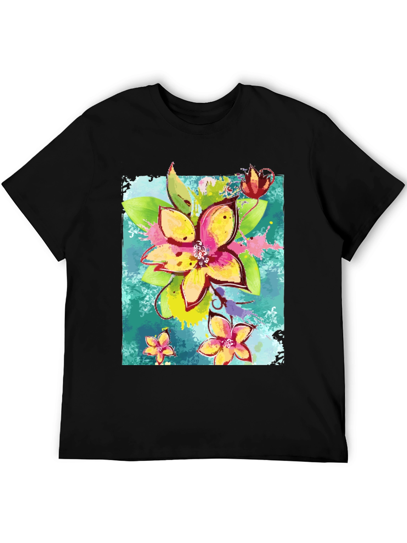 Black Floral Print Men's Black T-Shirt view 5