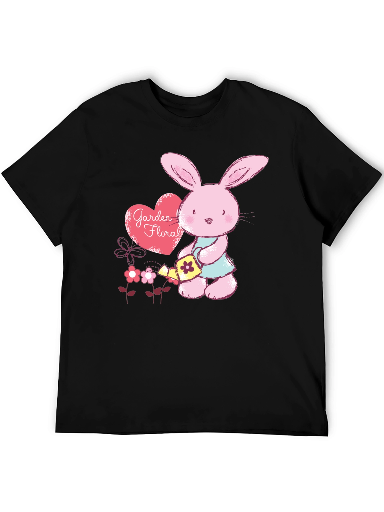 Black Cute Bunny Gardener T-Shirt - Floral Garden Design view 5