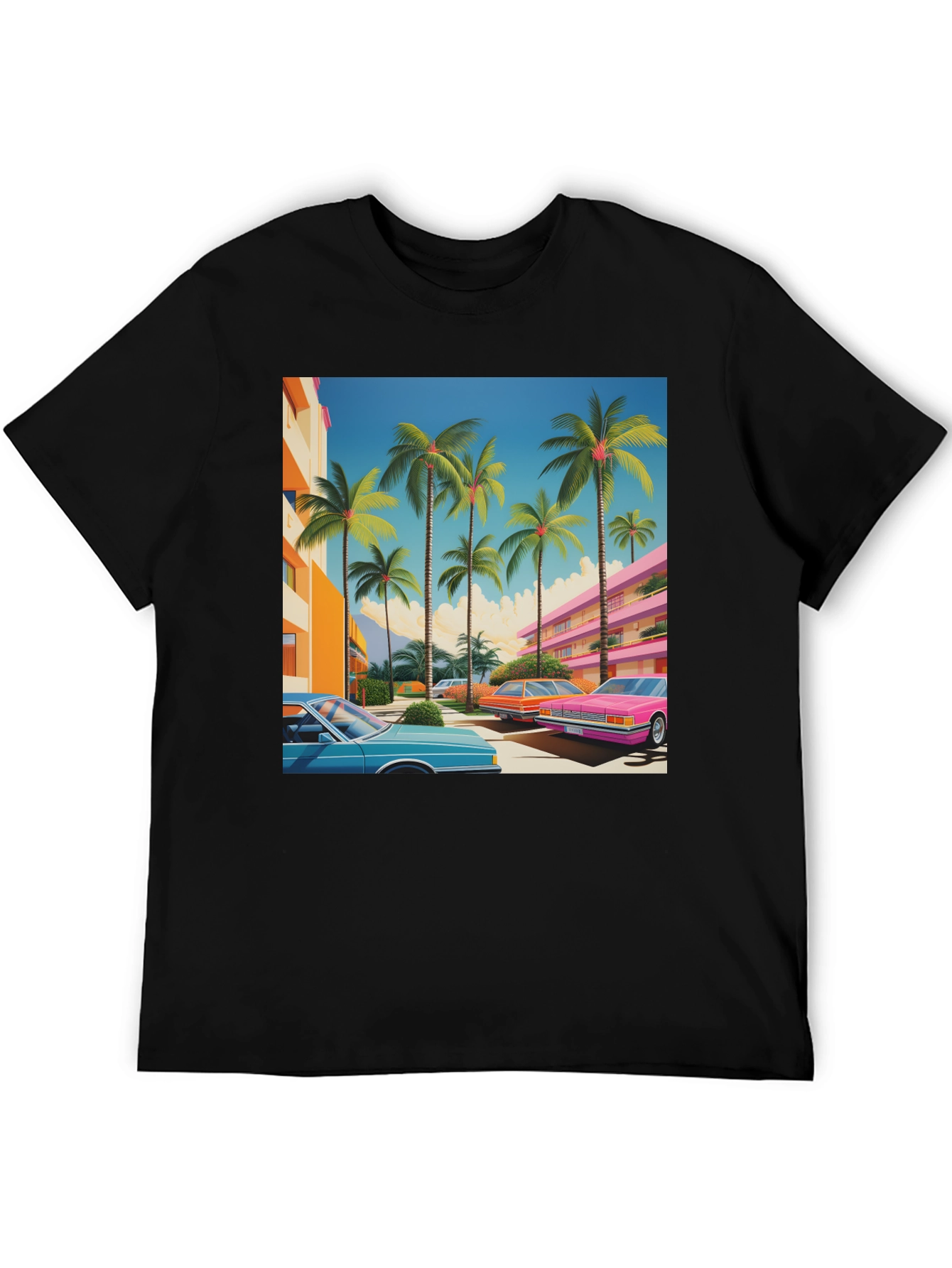 Black Retro Miami Palm Tree Cars T-Shirt view 5