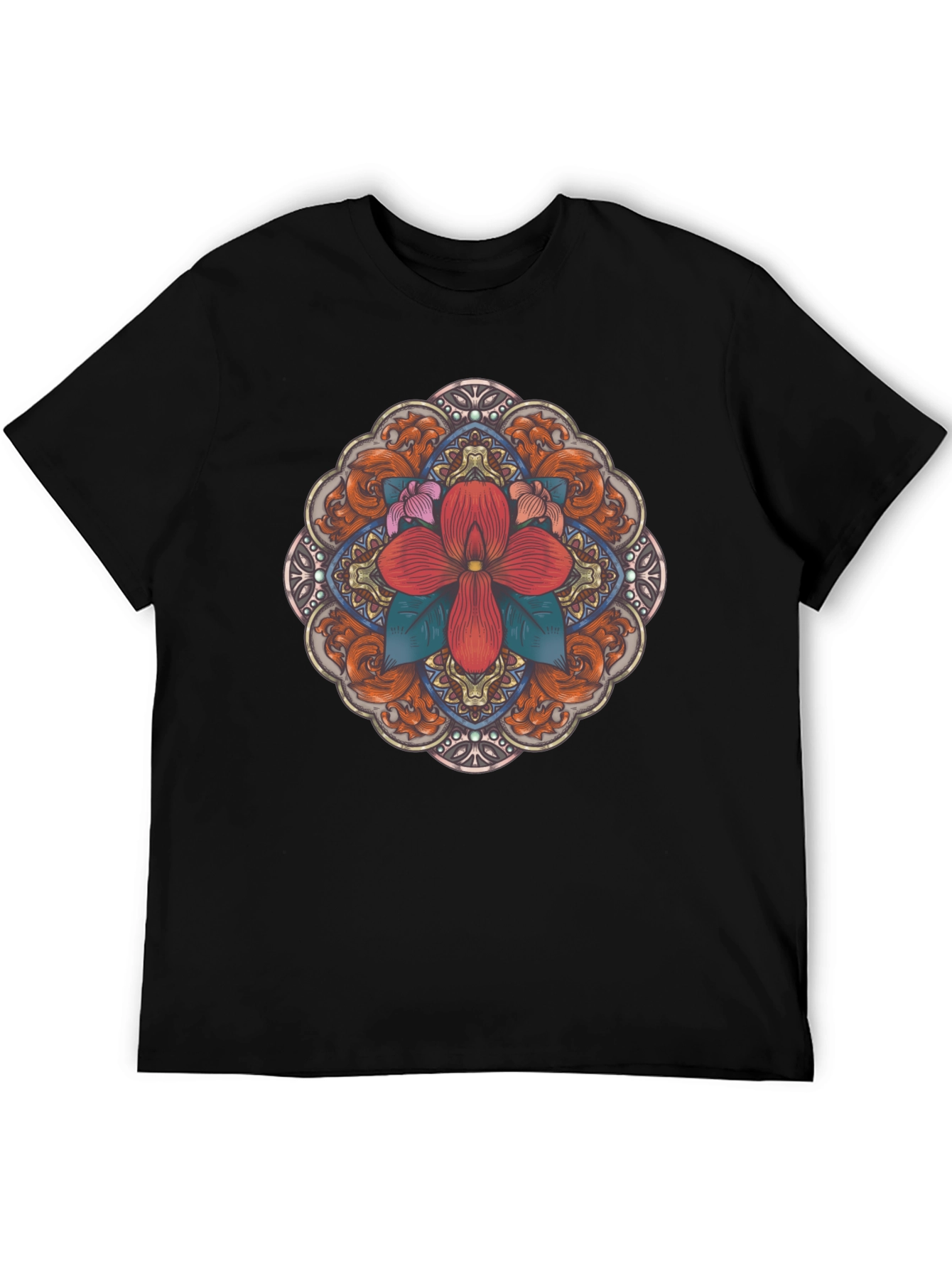 Black Floral Mandala Black T-Shirt view 5