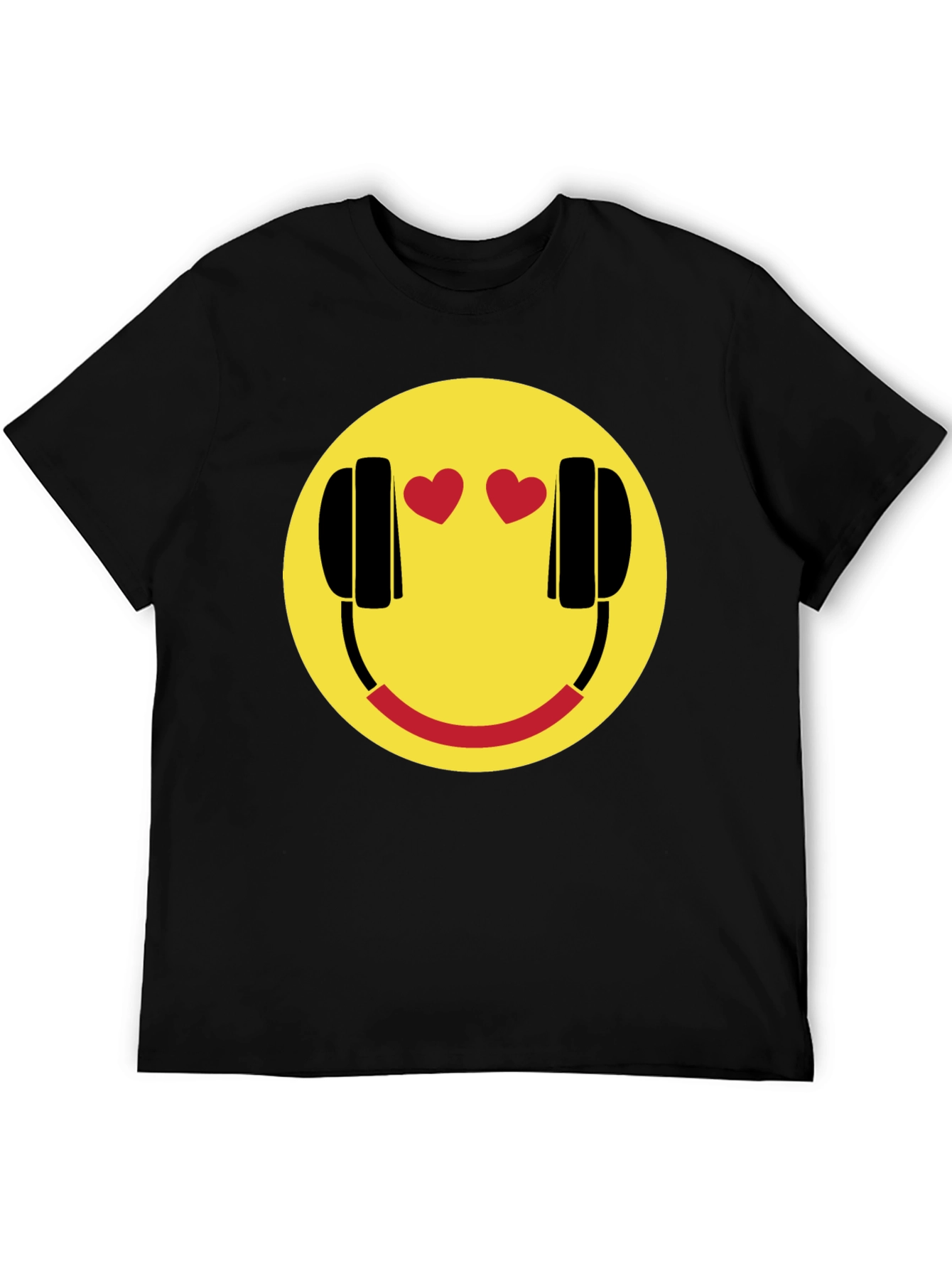 Black Smiley Face with Headphone Hearts T-Shirt view 5