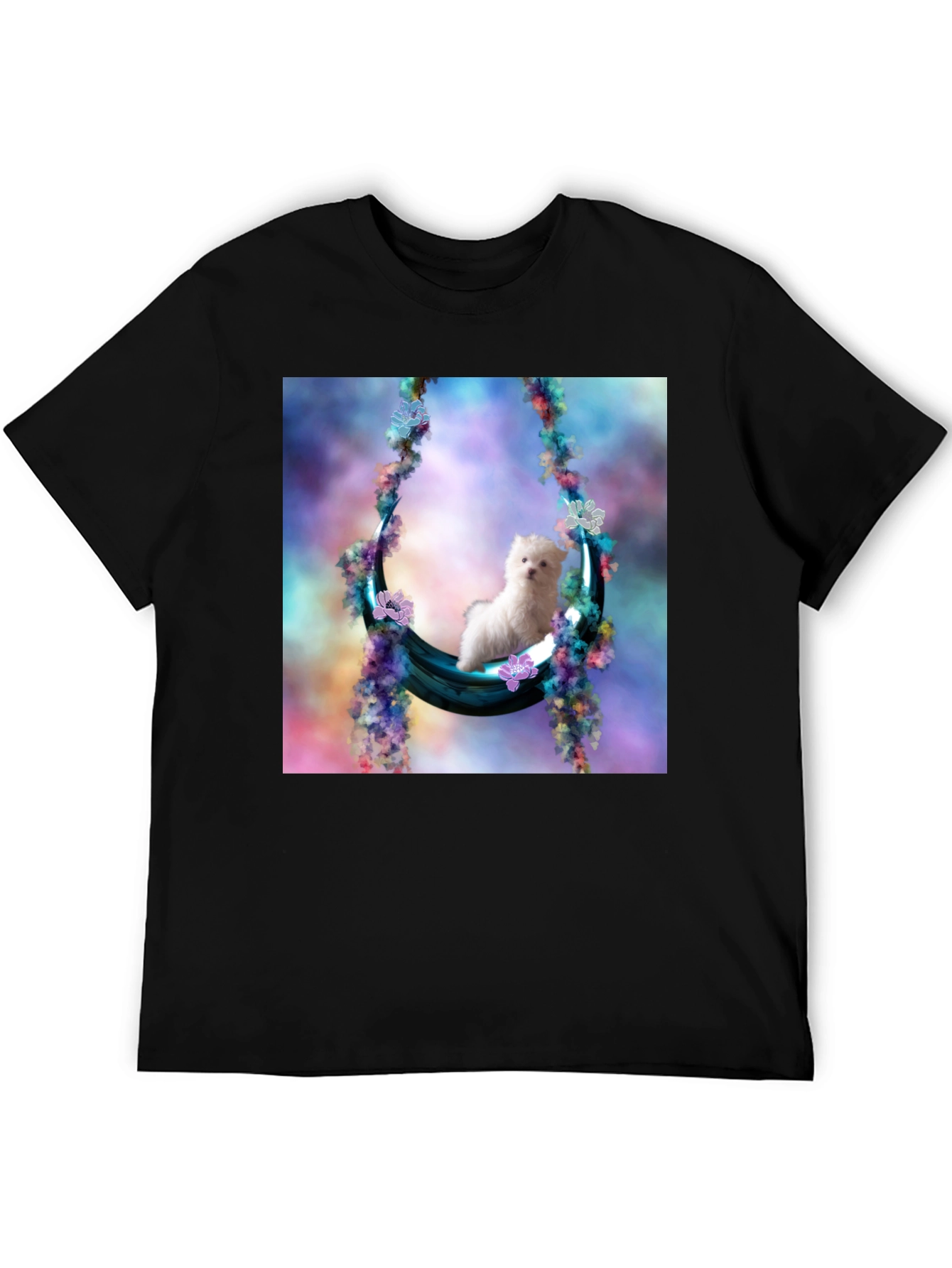 Black Cute Puppy in Floral Swing Black T-Shirt view 5