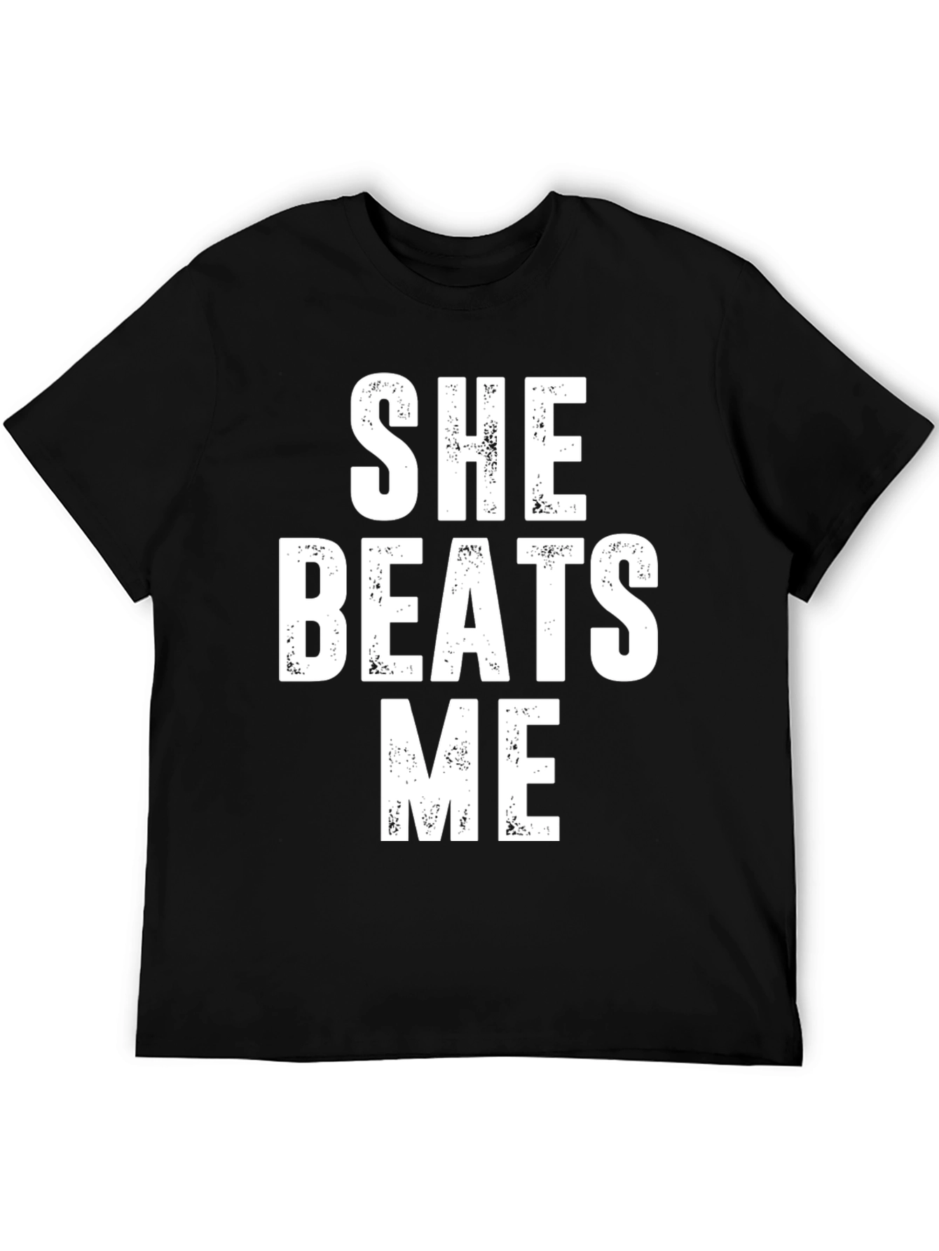 Black She Beats Me Funny T-Shirt view 5
