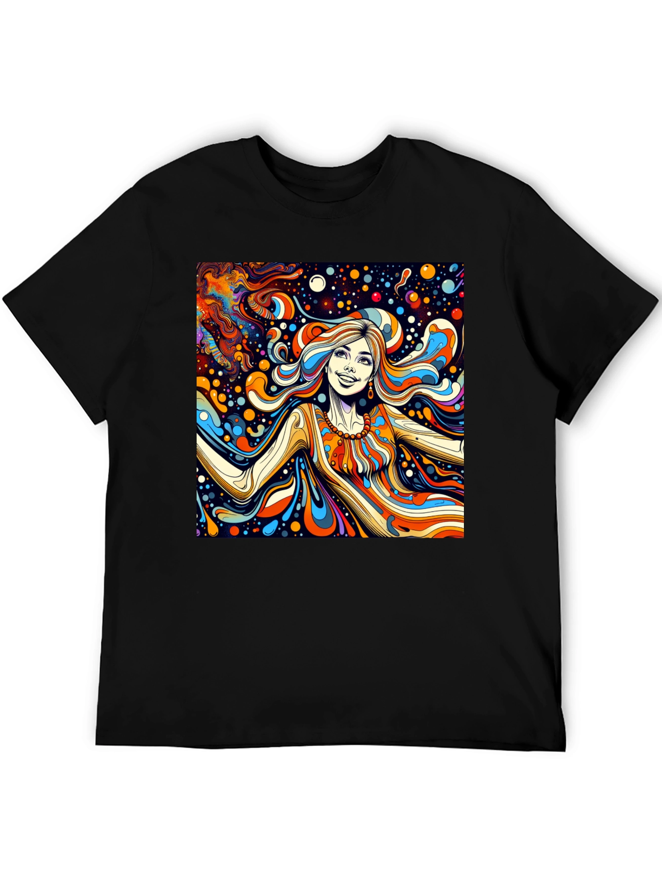 Black Psychedelic Art Tee: Vibrant Retro Style view 5