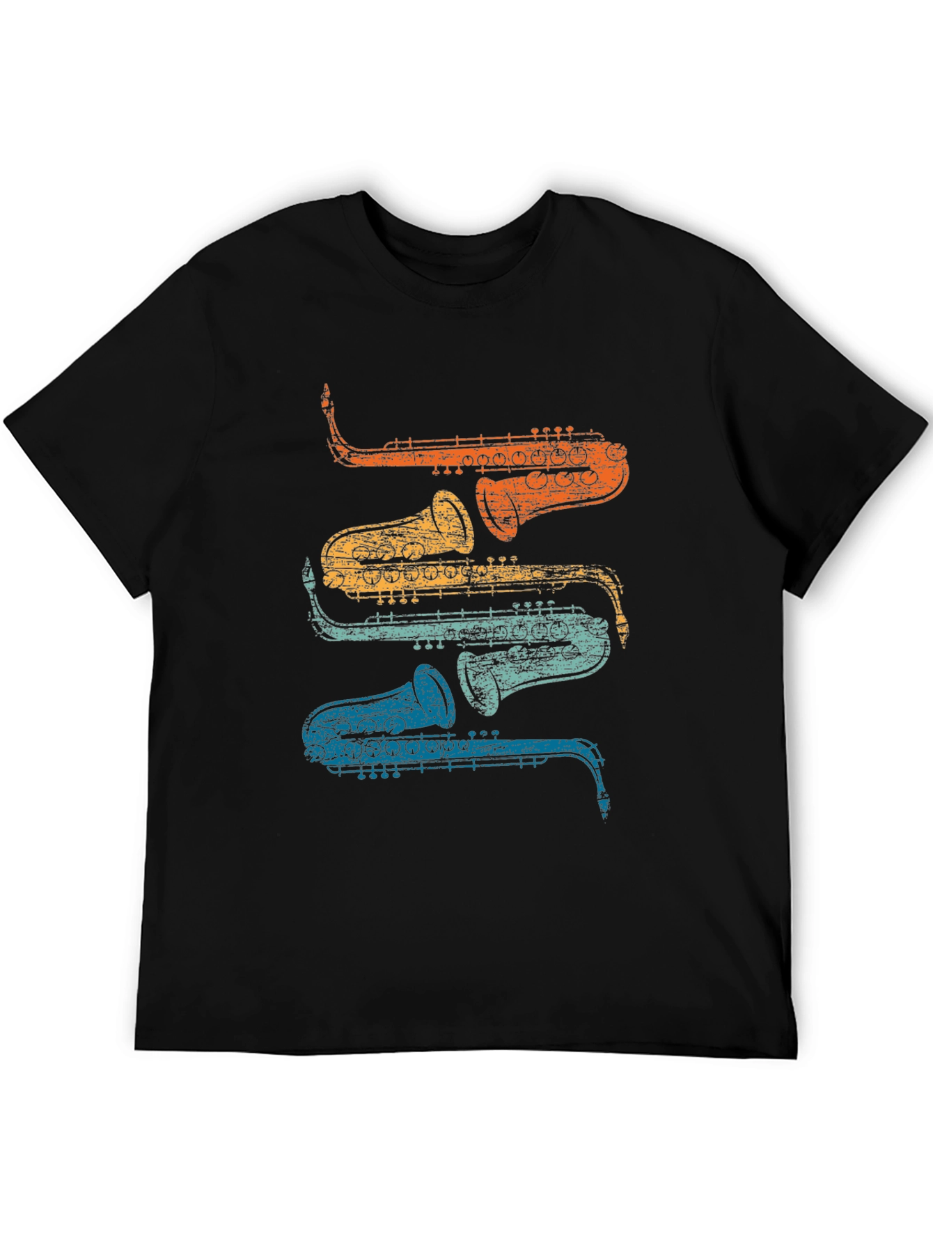 Black Retro Saxophone Stacked T-Shirt - Cool Musician Tee view 5