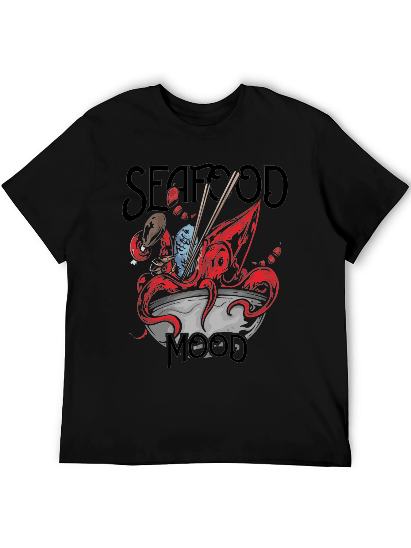 Black Seafood Mood Graphic Tee - Unique Octopus Ramen Design view 5