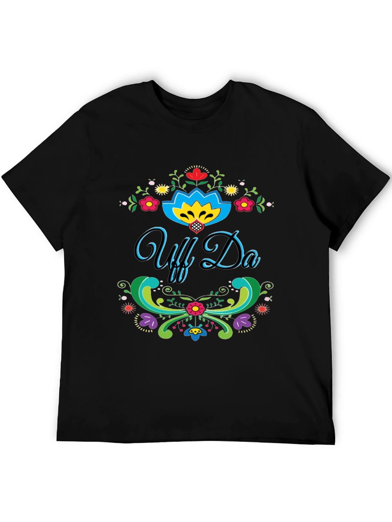 Black Uff Da! Graphic T-Shirt - Colorful Floral Design view 5