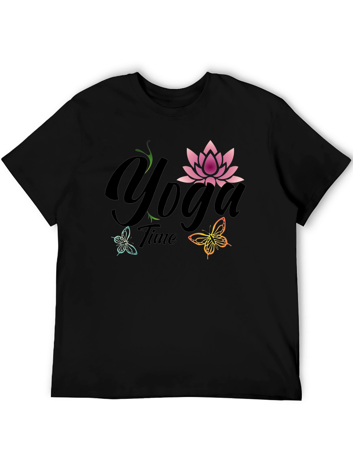 Black Yoga Time T-Shirt - Lotus Flower Butterfly Tee view 5