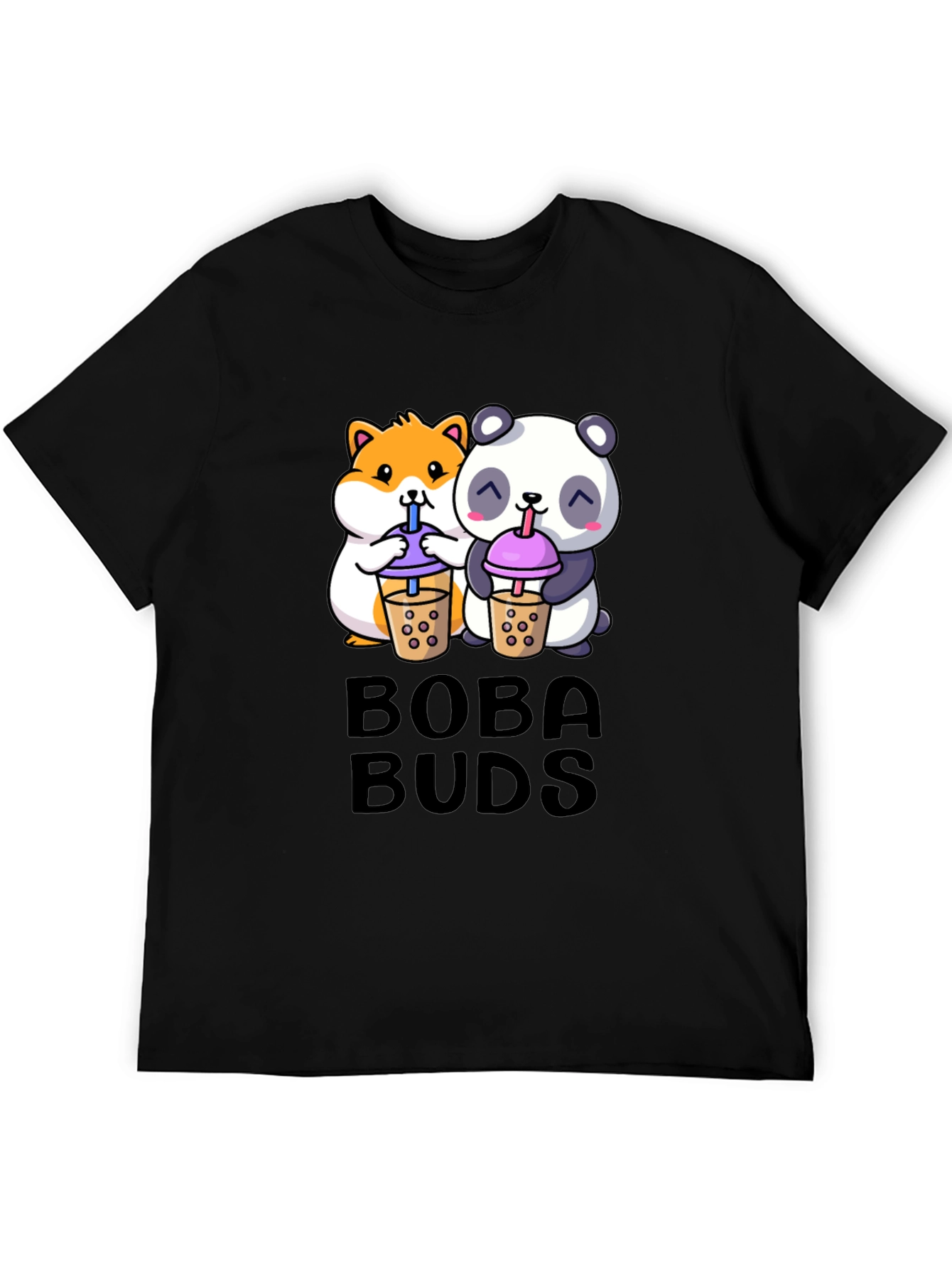 Black Boba Buds Graphic Tee - Cute Panda & Hamster Boba Design view 5
