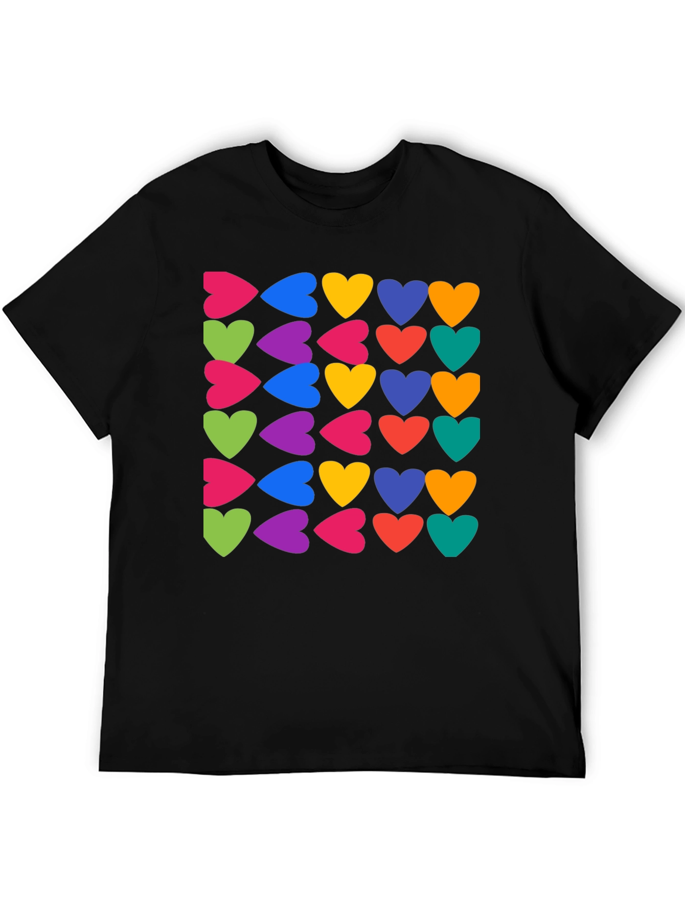 Black Colorful Hearts Pattern Black T-Shirt view 5