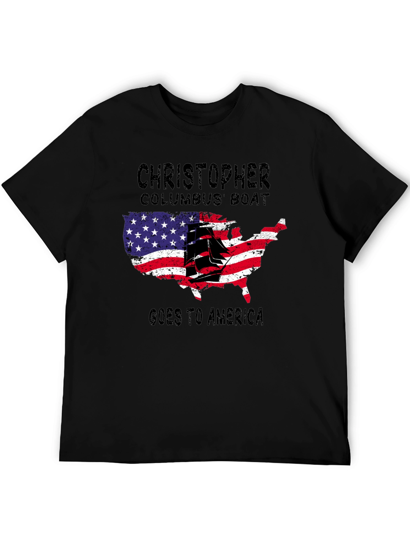 Black Christopher Columbus Boat USA Map T-Shirt view 5