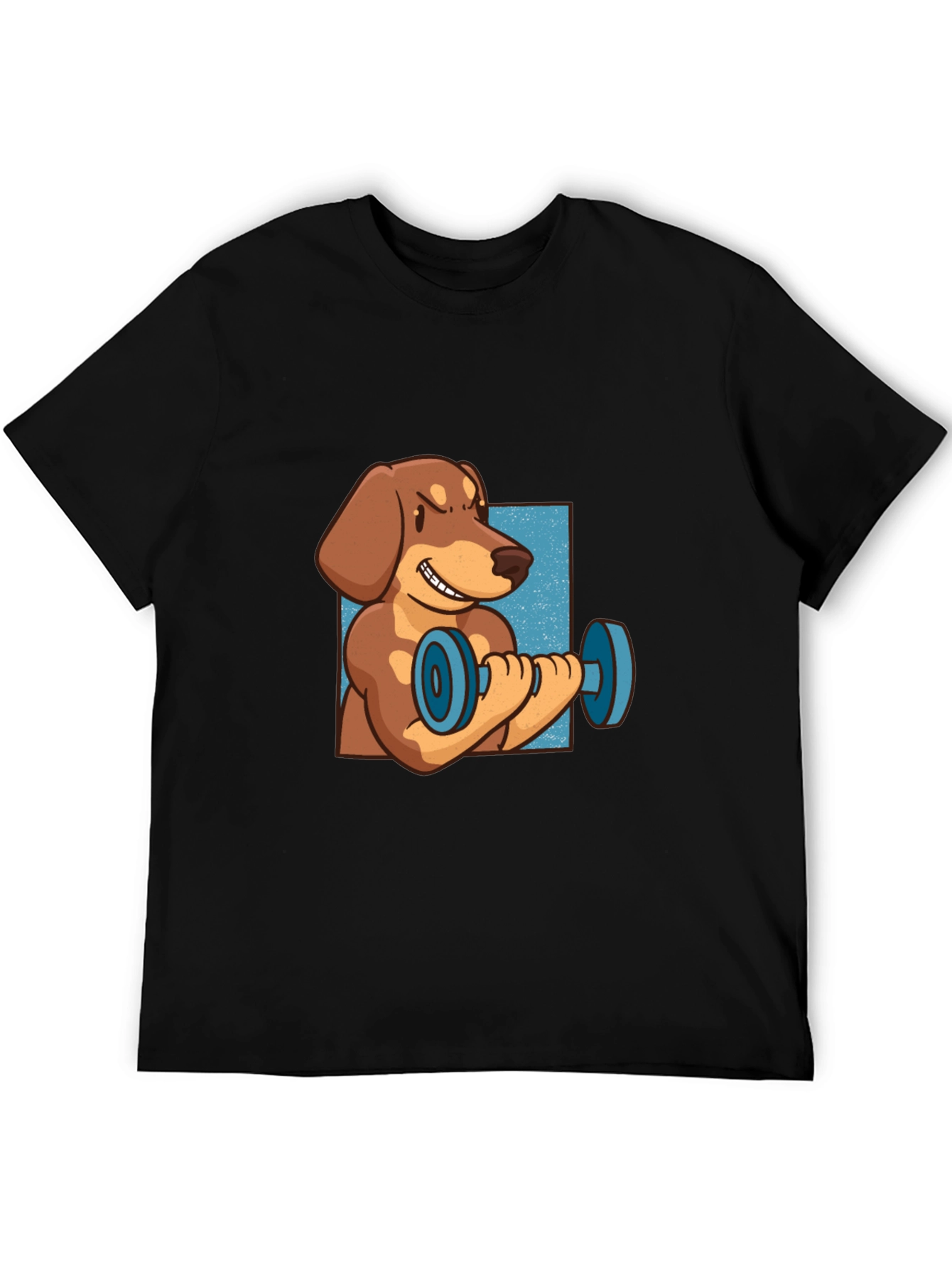 Black Funny Dachshund Lifting Dumbbell T-Shirt view 5
