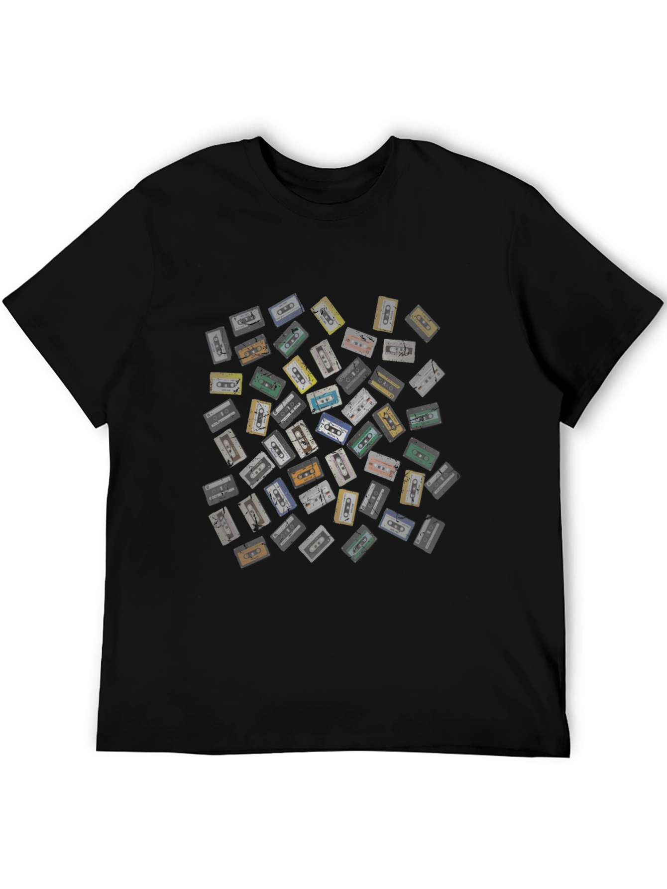 Black Retro Cassette Tape Pattern Black T-Shirt view 5