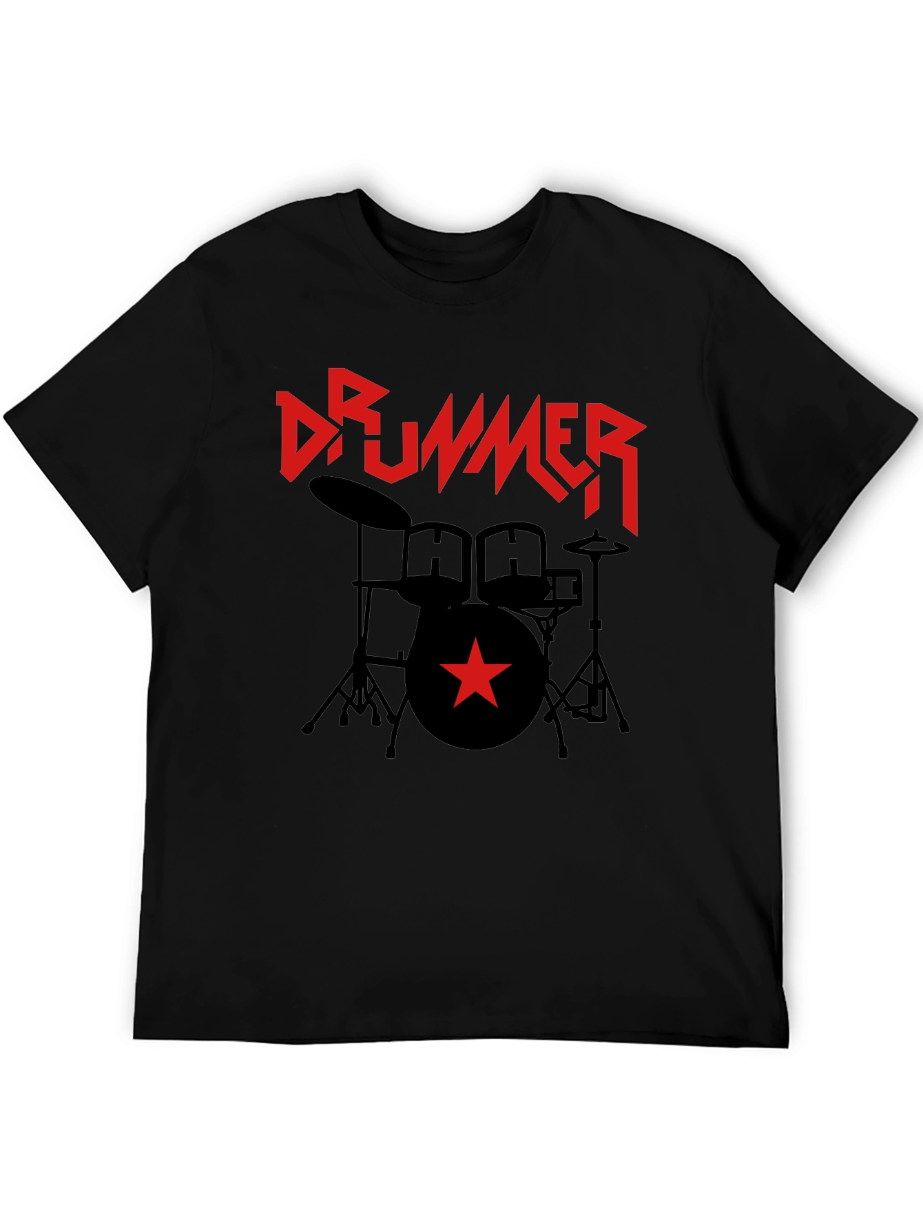 Black Drummer T-Shirt - Black Graphic Tee with Red Star & Drum Set view 5
