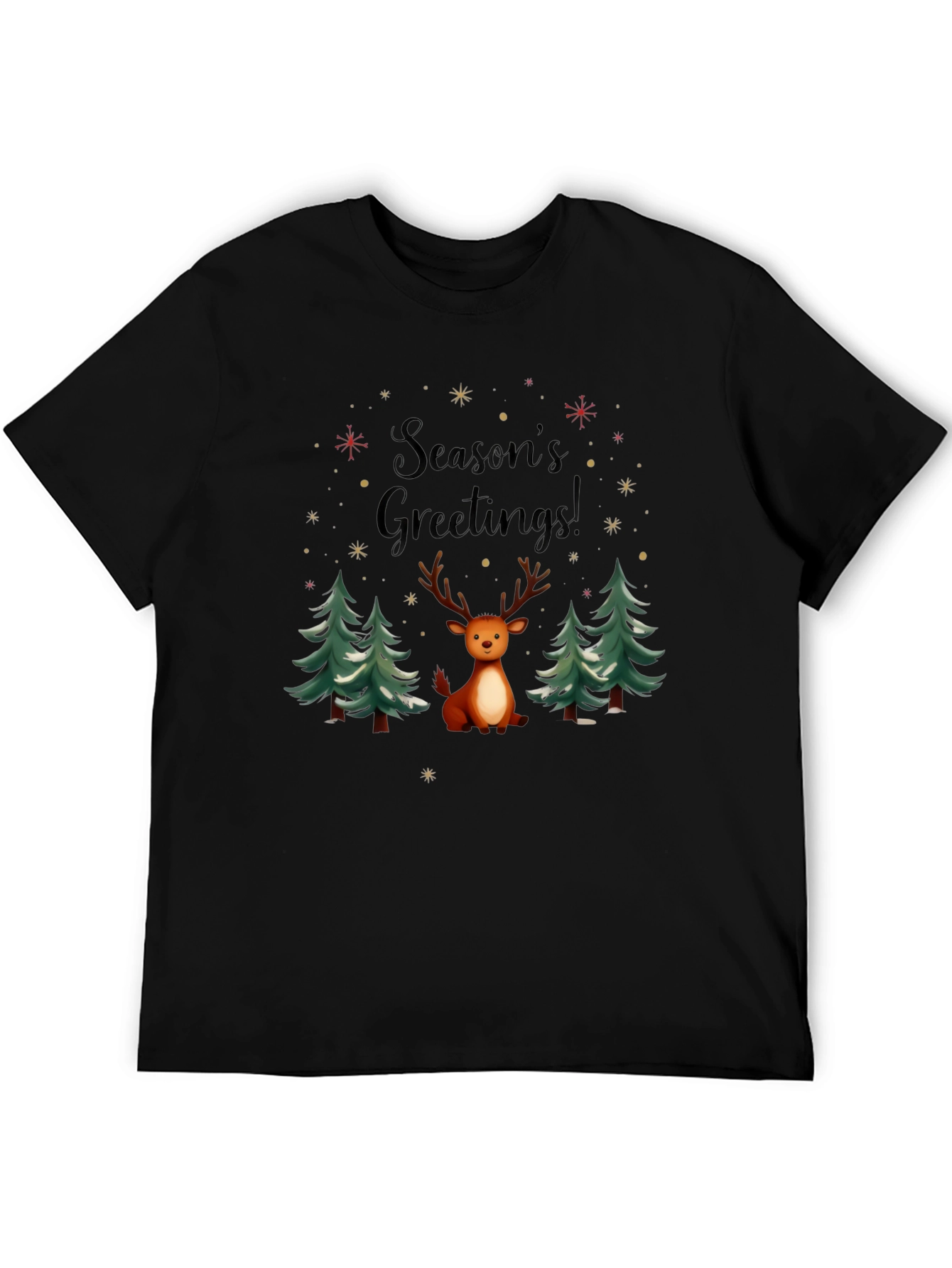 Black Season's Greetings Reindeer Holiday T-Shirt view 5