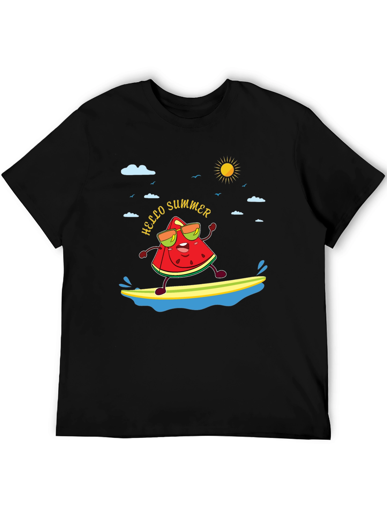 Black Hello Summer Watermelon Surfing T-Shirt view 5