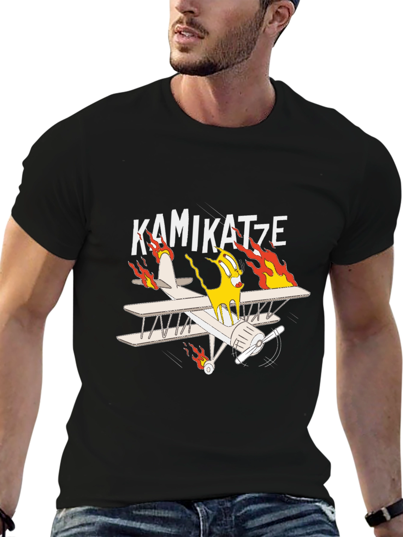 Black Kamikatze Cartoon Plane Graphic T-Shirt view 6