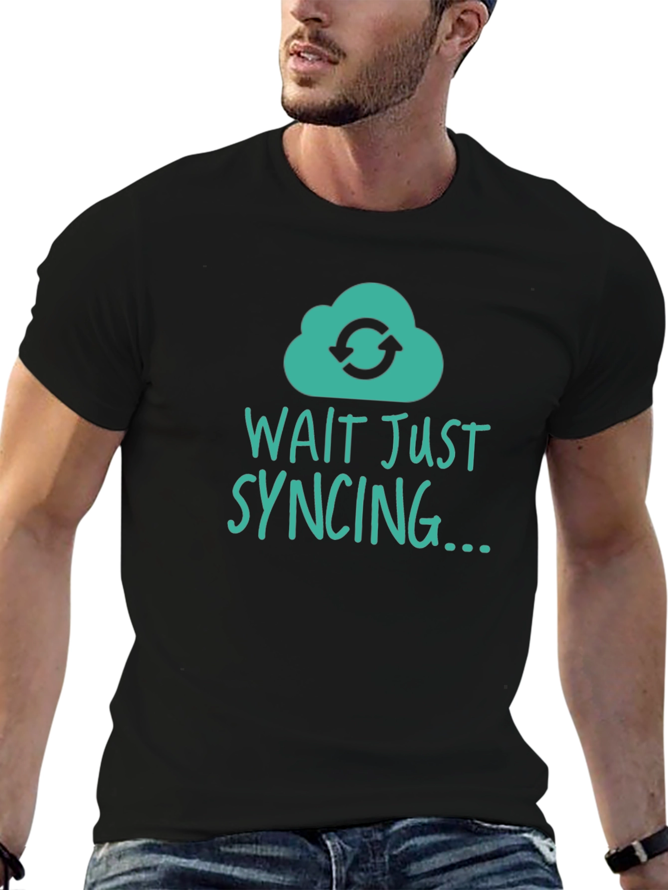 Black Wait Just Syncing T-Shirt - Tech Humor Tee view 6