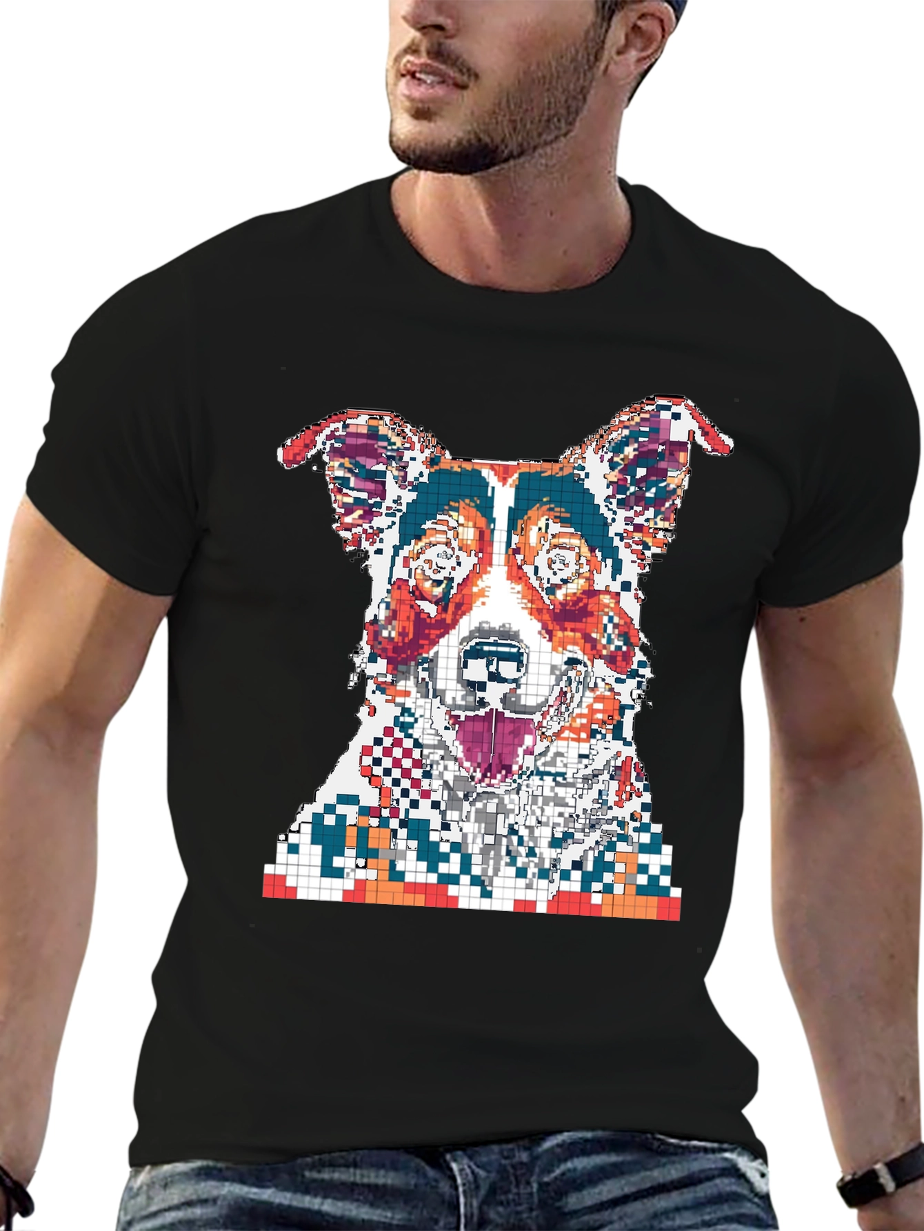 Black Pixelated Dog Graphic Print Black T-Shirt view 6