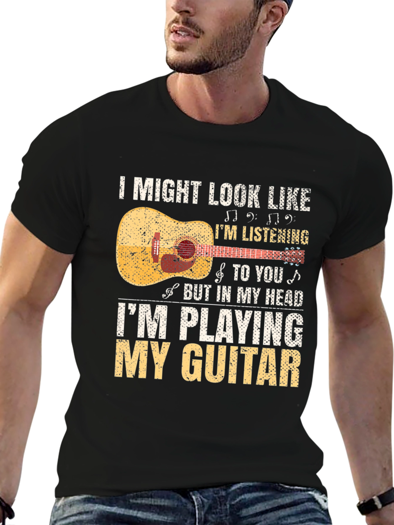 Black Guitar Player T-Shirt: Listening With My Head view 6