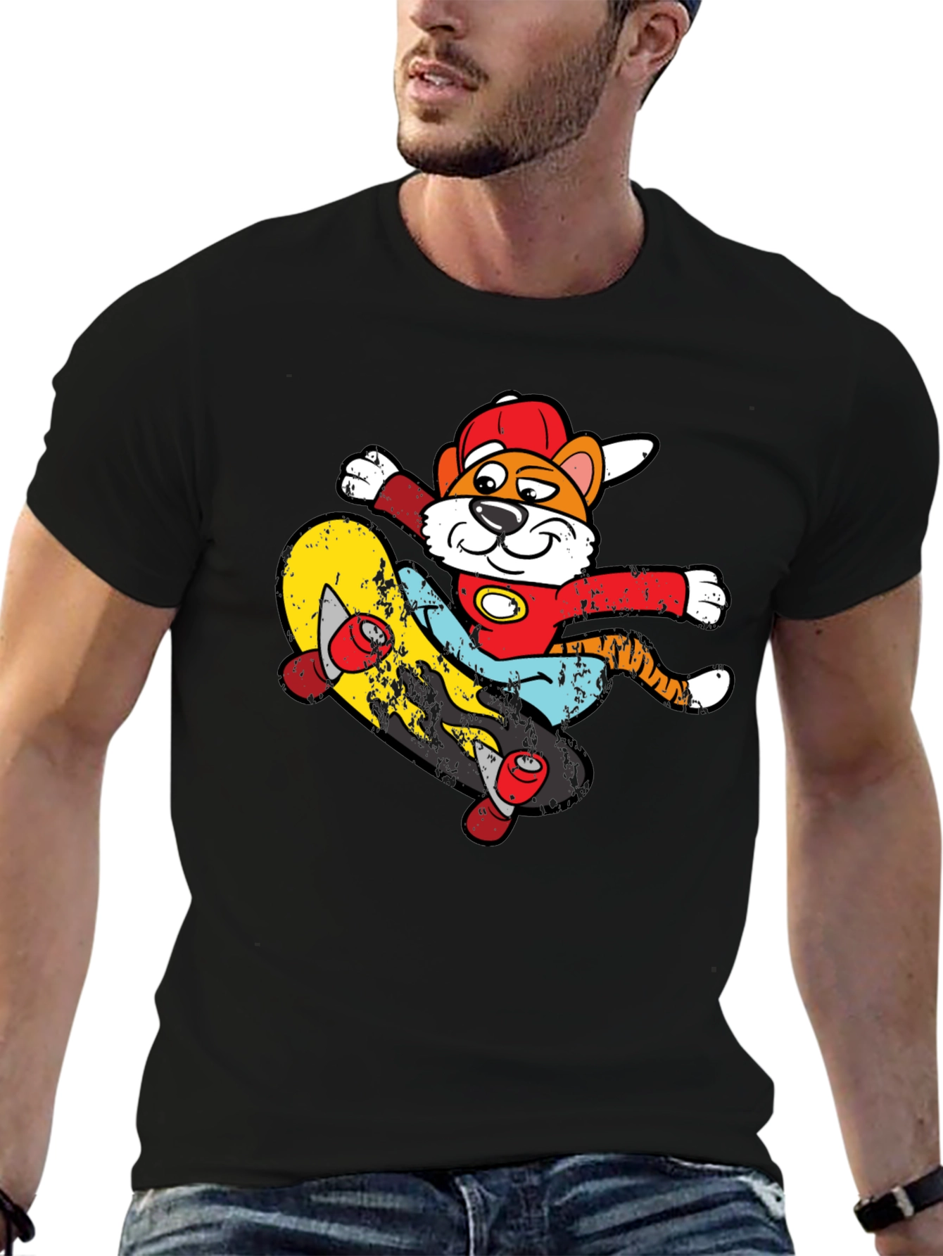 Black Cartoon Tiger Skateboarder Graphic Tee view 6