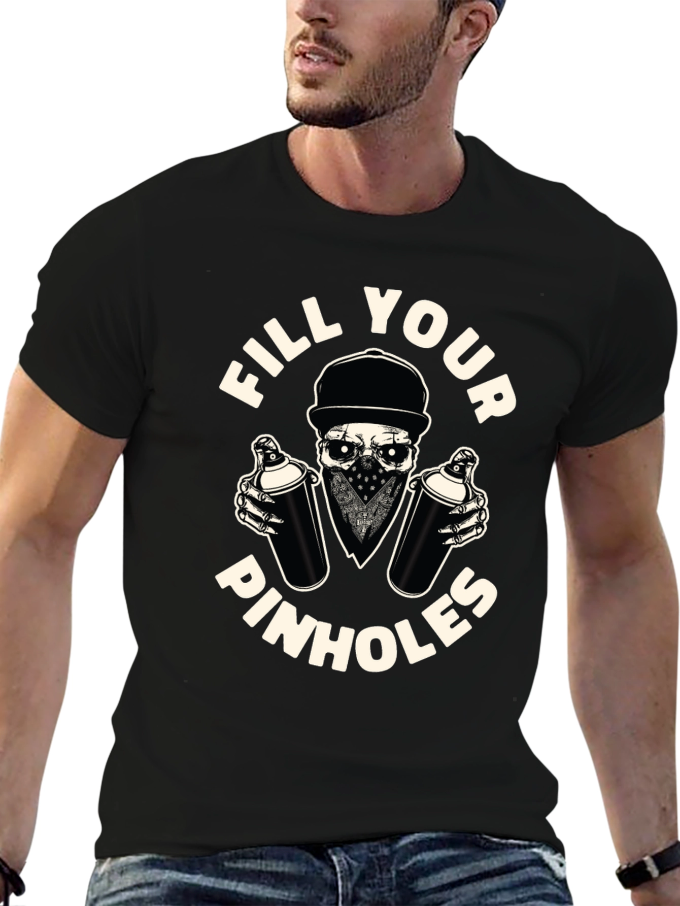 Black Fill Your Pinhole Graffiti Skull T-Shirt view 6