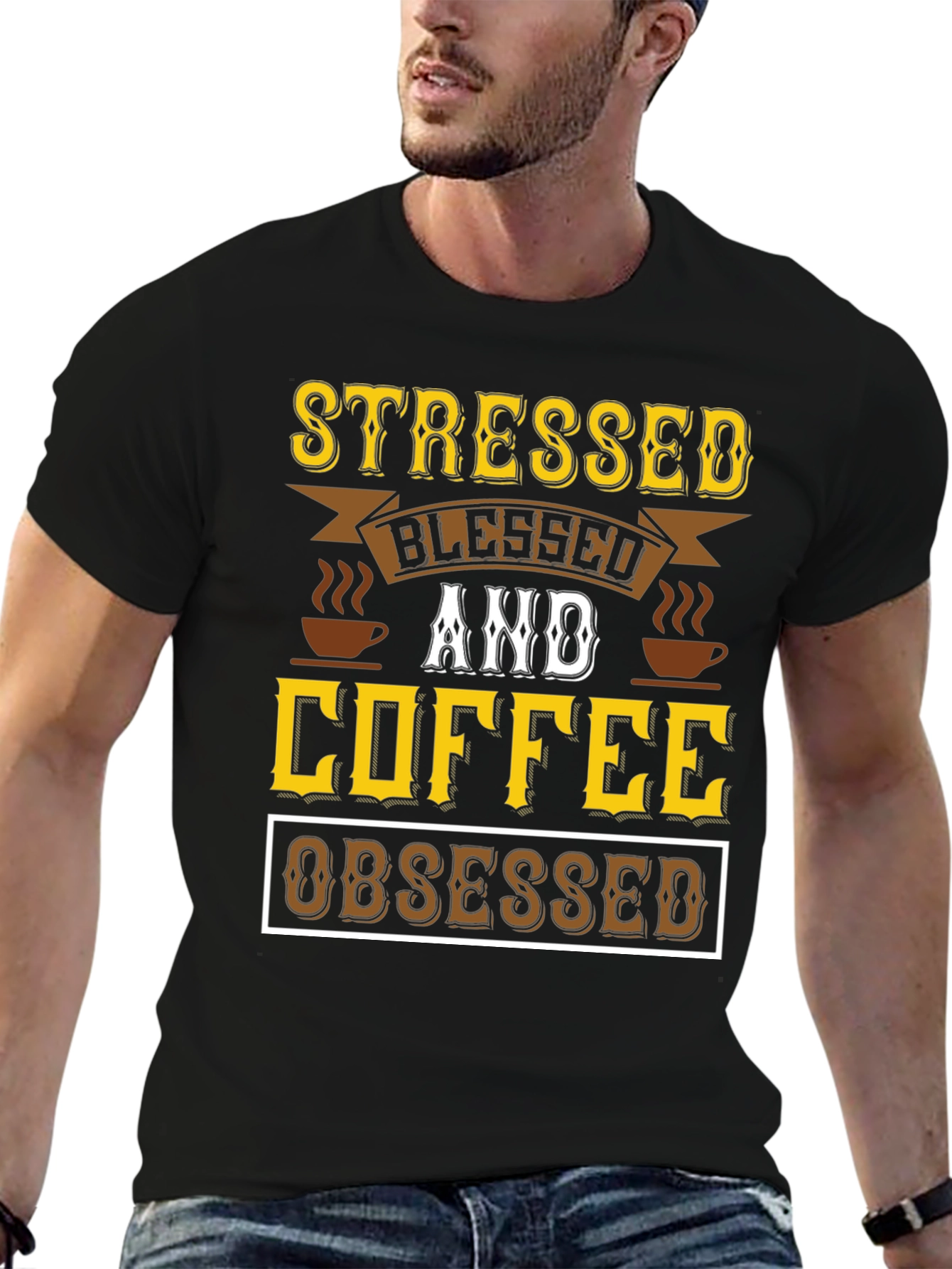 Black Stressed Blessed & Coffee Obsessed Black T-Shirt view 6