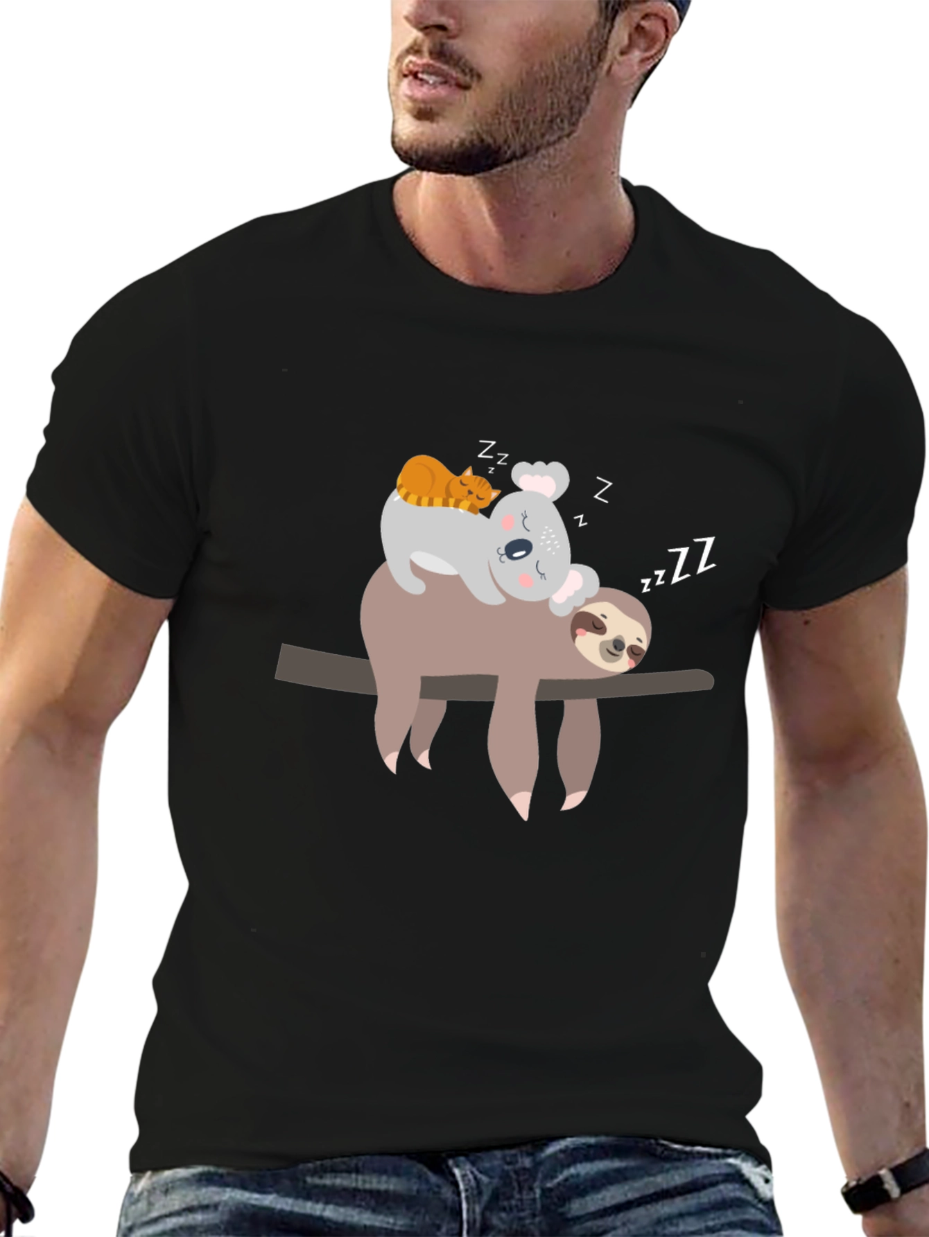 Black Cute Sloth, Koala, Cat Sleeping T-Shirt view 6