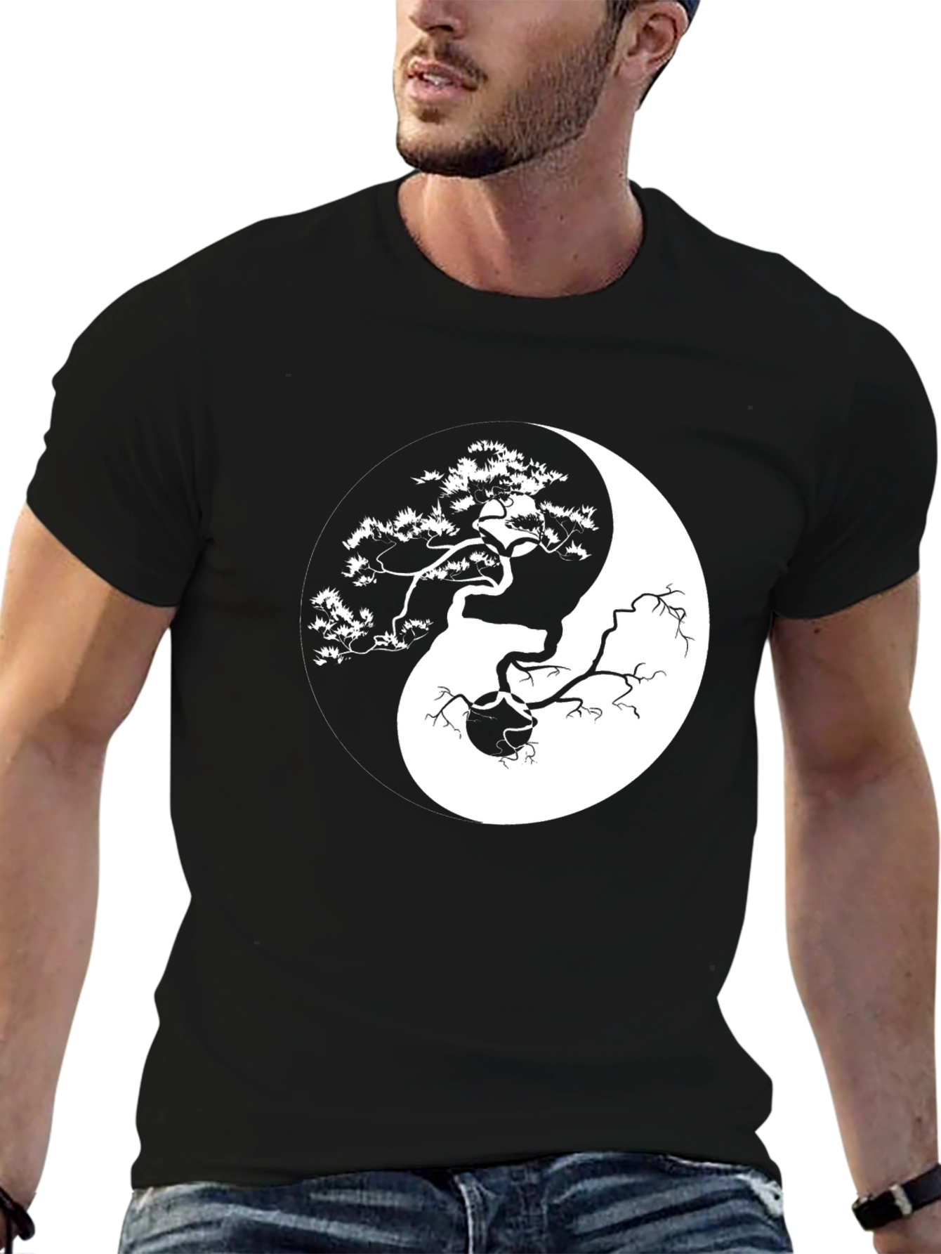 Black Yin Yang Bonsai Tree Graphic T-Shirt view 6