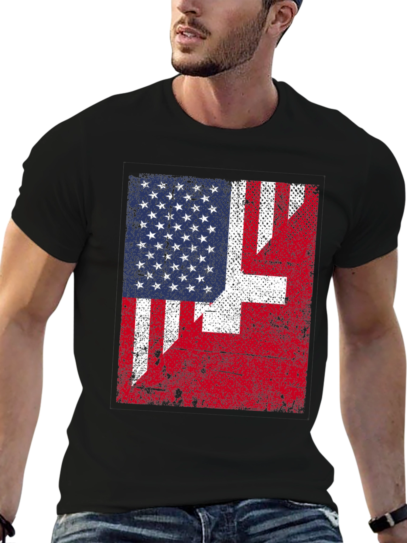 Black US & Swiss Flag Graphic T-Shirt view 6