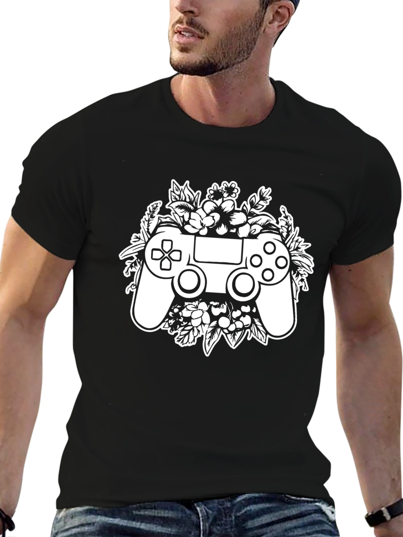 Black Gamer Floral Controller T-Shirt - Black view 6