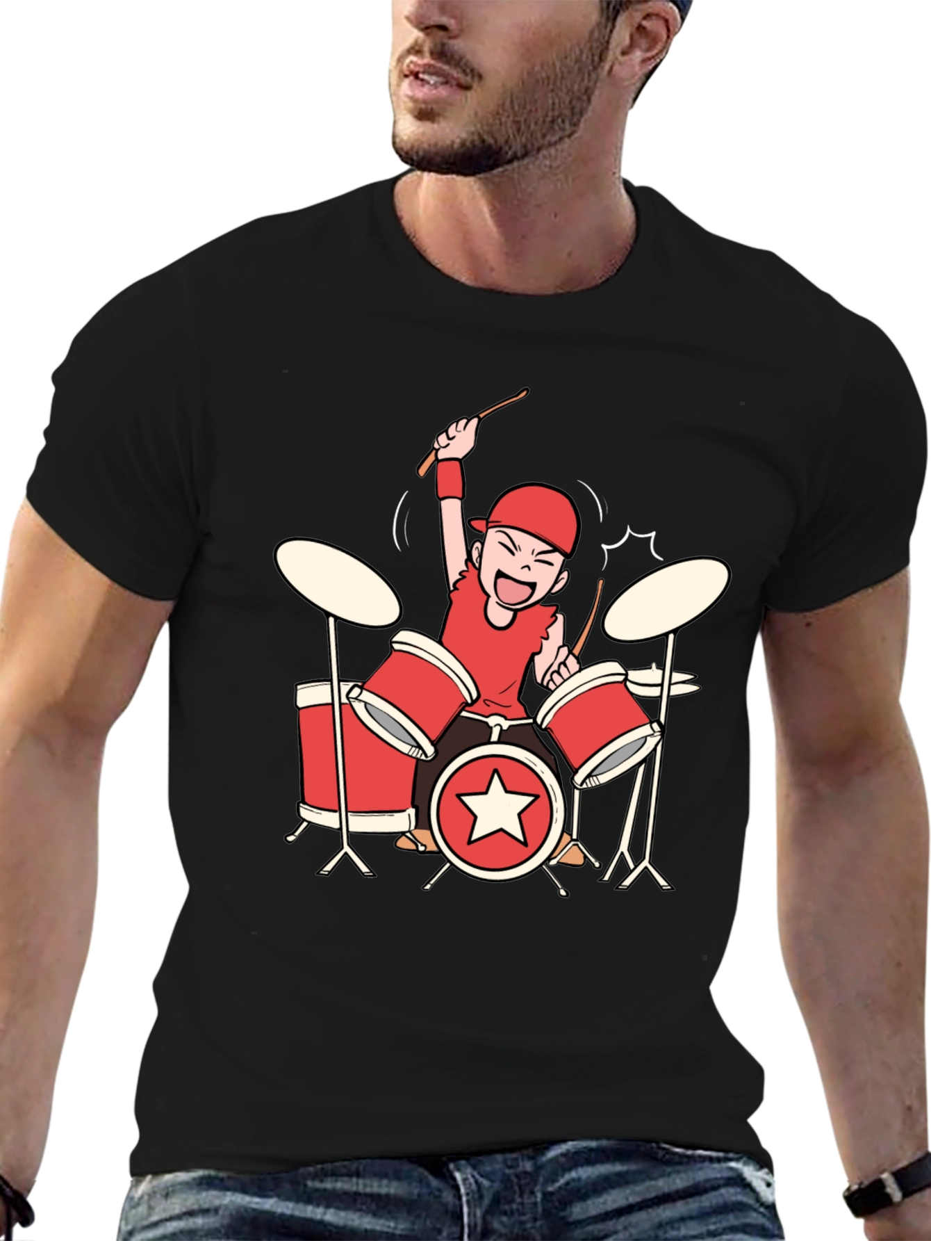 Black Cartoon Drummer Graphic Tee - Black view 6