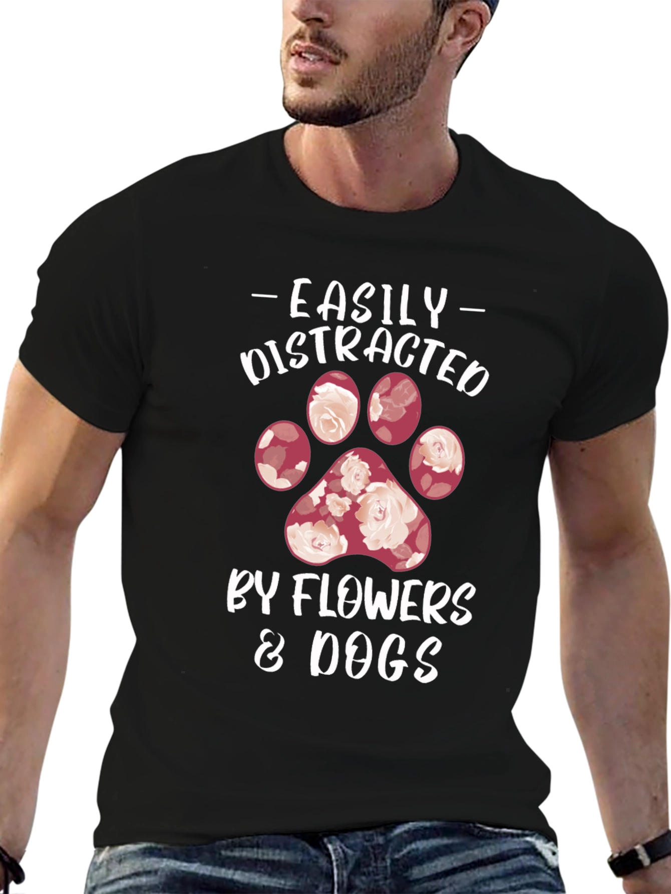Black Easily Distracted by Flowers & Dogs T-Shirt view 6