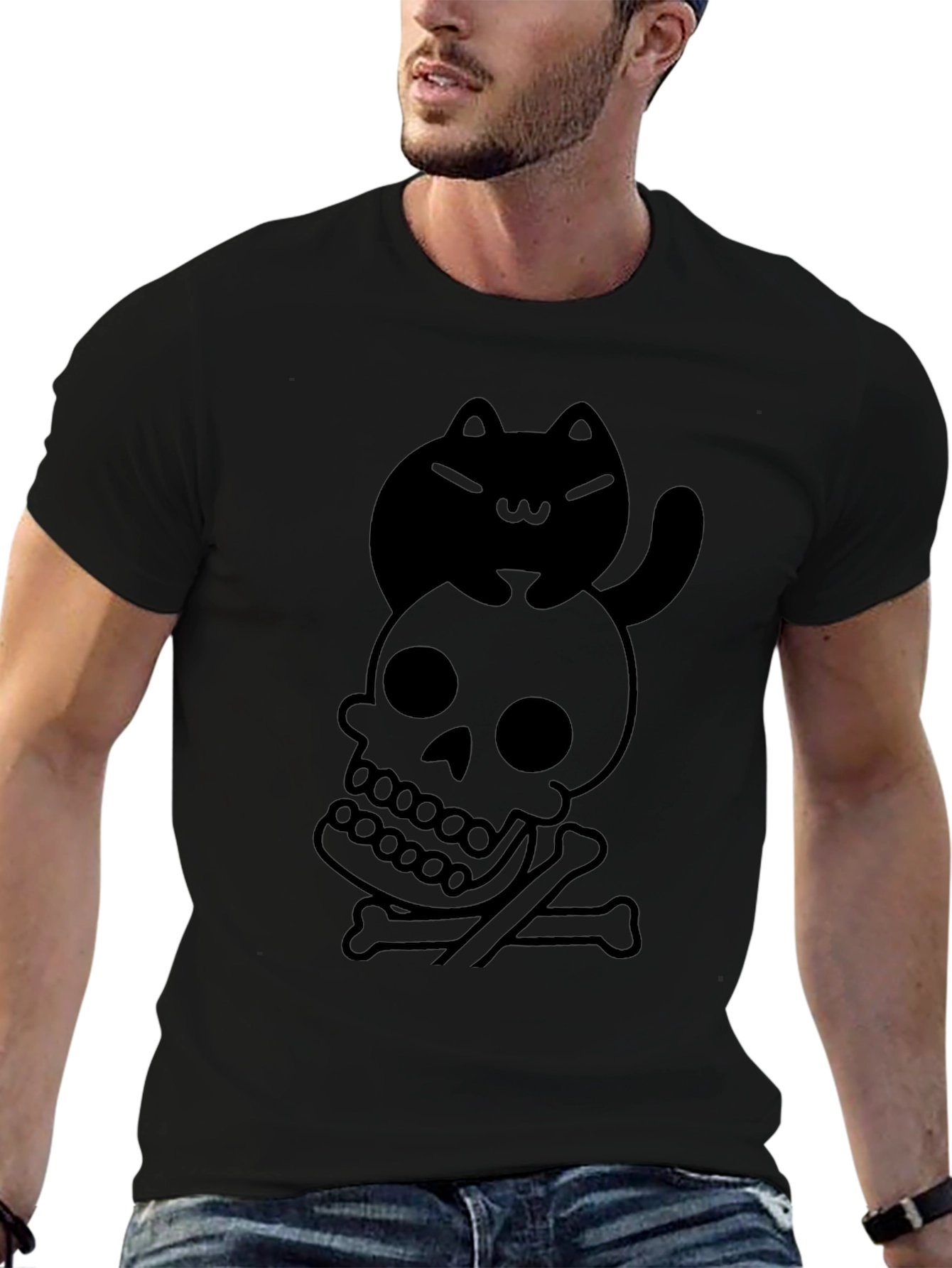 Black Skull and Cat Graphic Tee - Unisex Black T-Shirt view 6