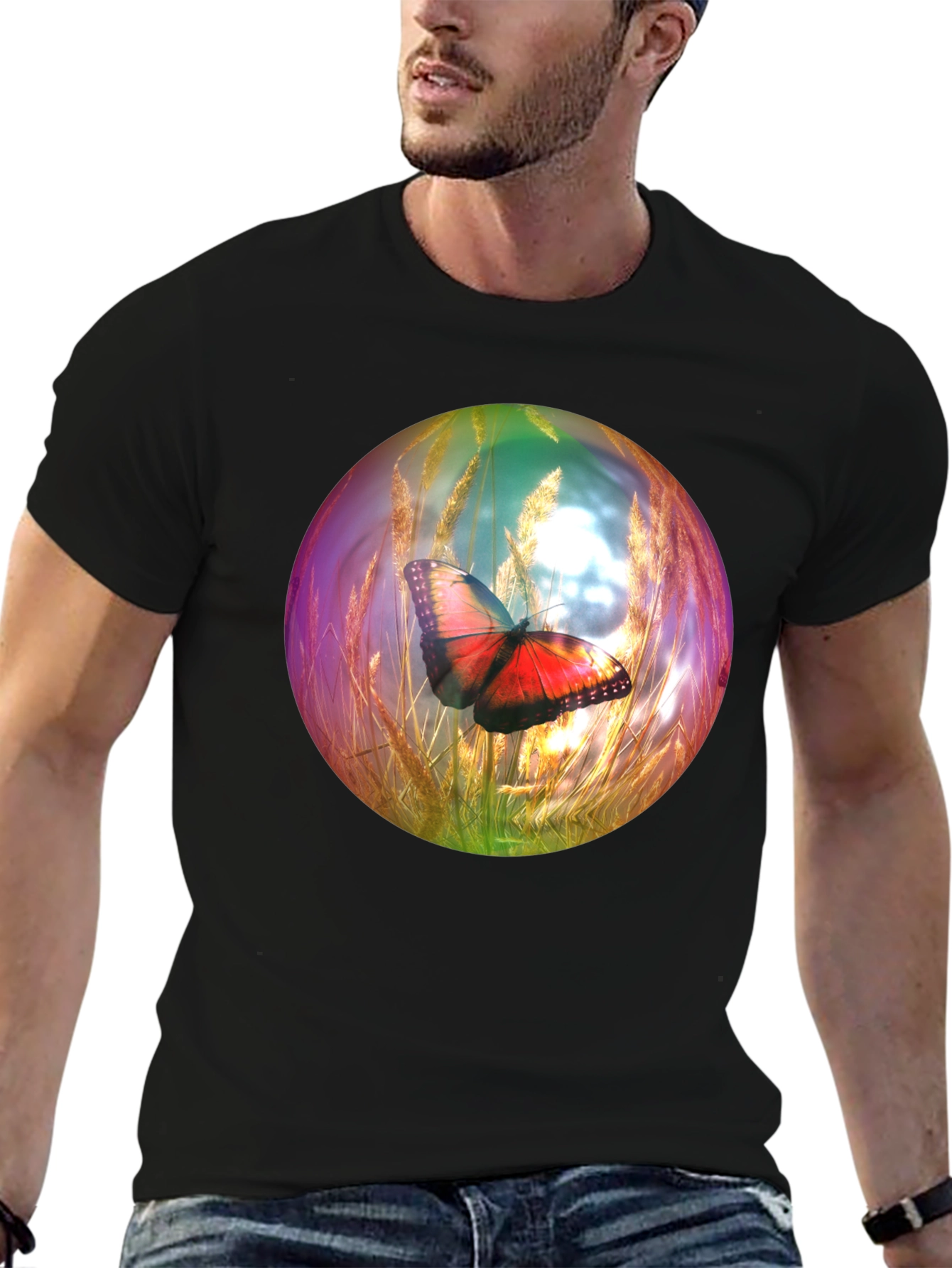 Black Butterfly Orb Graphic T-Shirt - Unique Design view 6