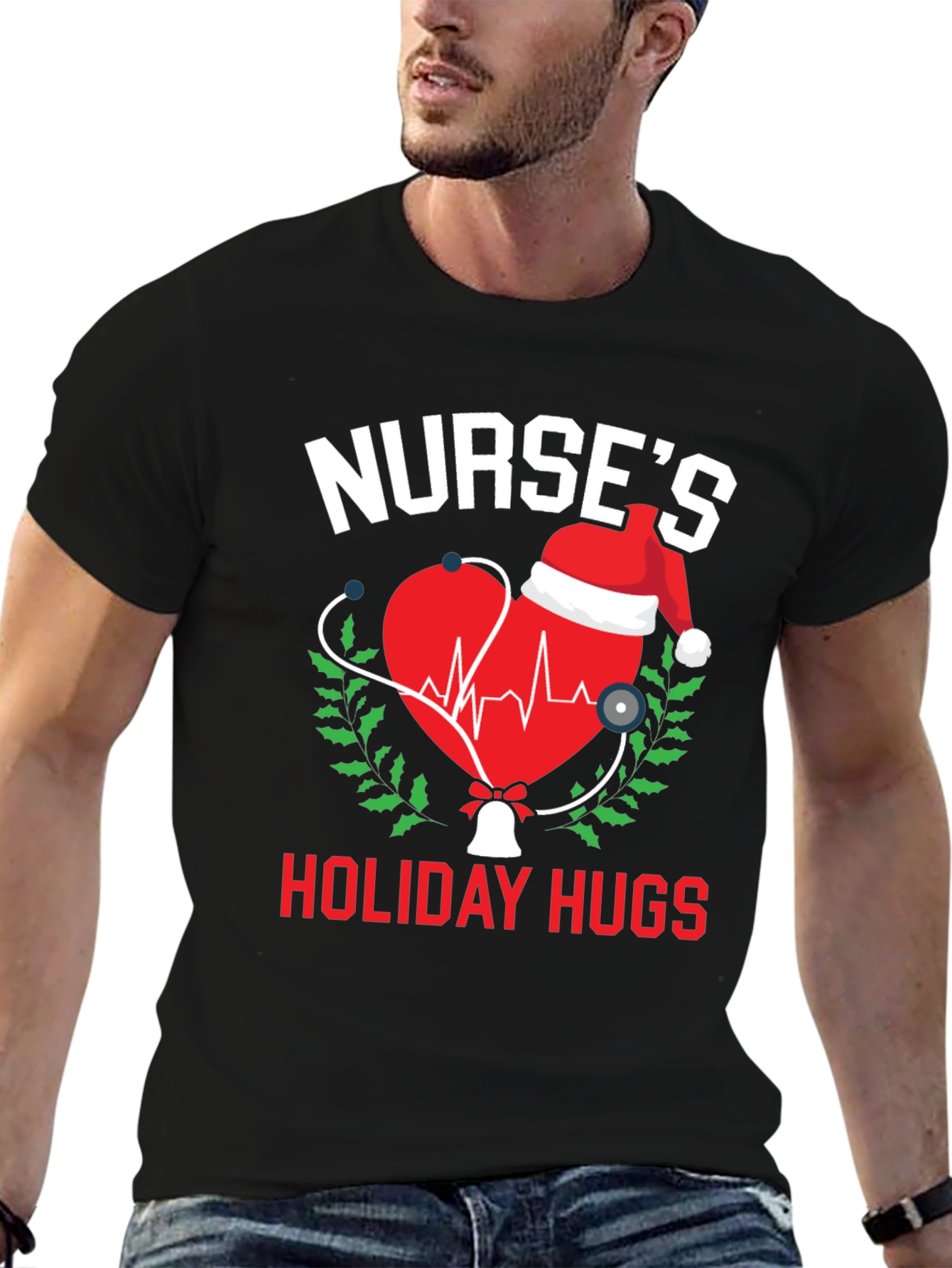 Black Nurse's Holiday Hugs Christmas T-Shirt view 6