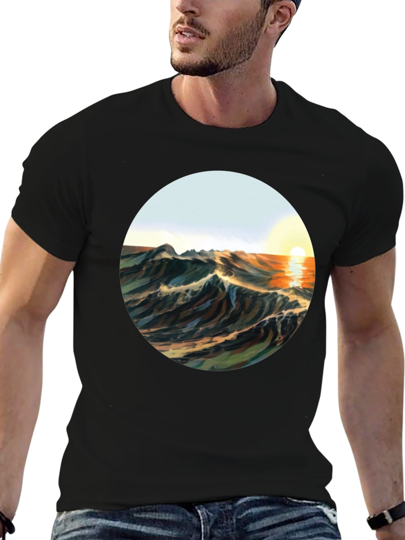 Black Sunrise Waves Graphic Tee - Black Cotton Blend view 6