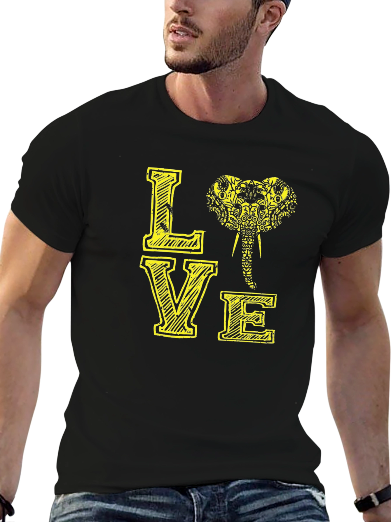Black Love Elephant Graphic Tee - Black Cotton T-Shirt view 6