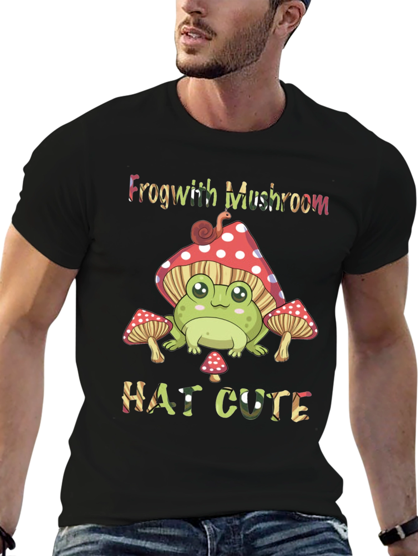 Black Frog With Mushroom Hat Cute T-Shirt view 6