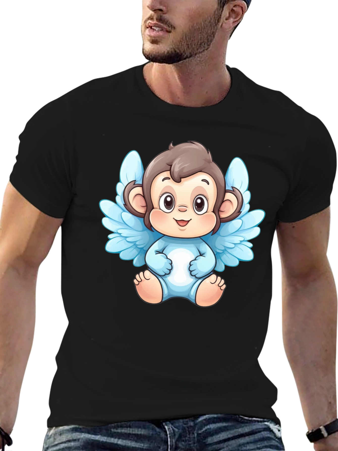 Angel Monkey Graphic T-Shirt - Black Cotton Tee - 6