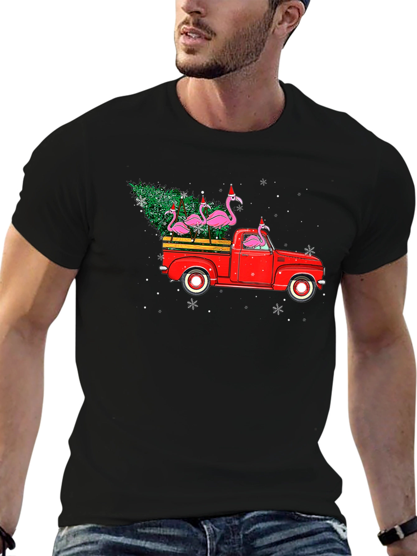 Black Flamingo Christmas Truck T-Shirt view 6