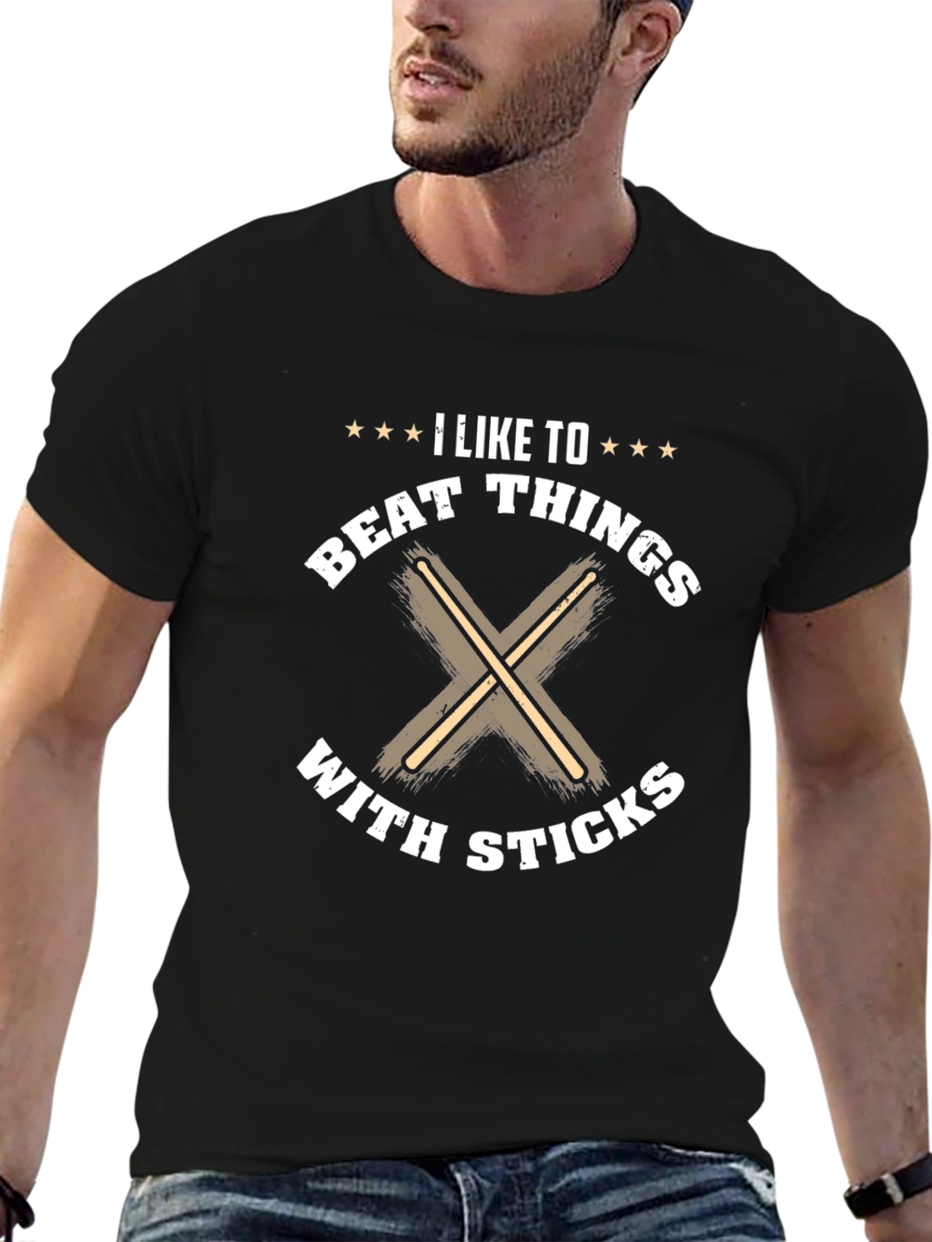 Black I Like to Beat Things with Sticks T-Shirt - Drummer Tee view 6