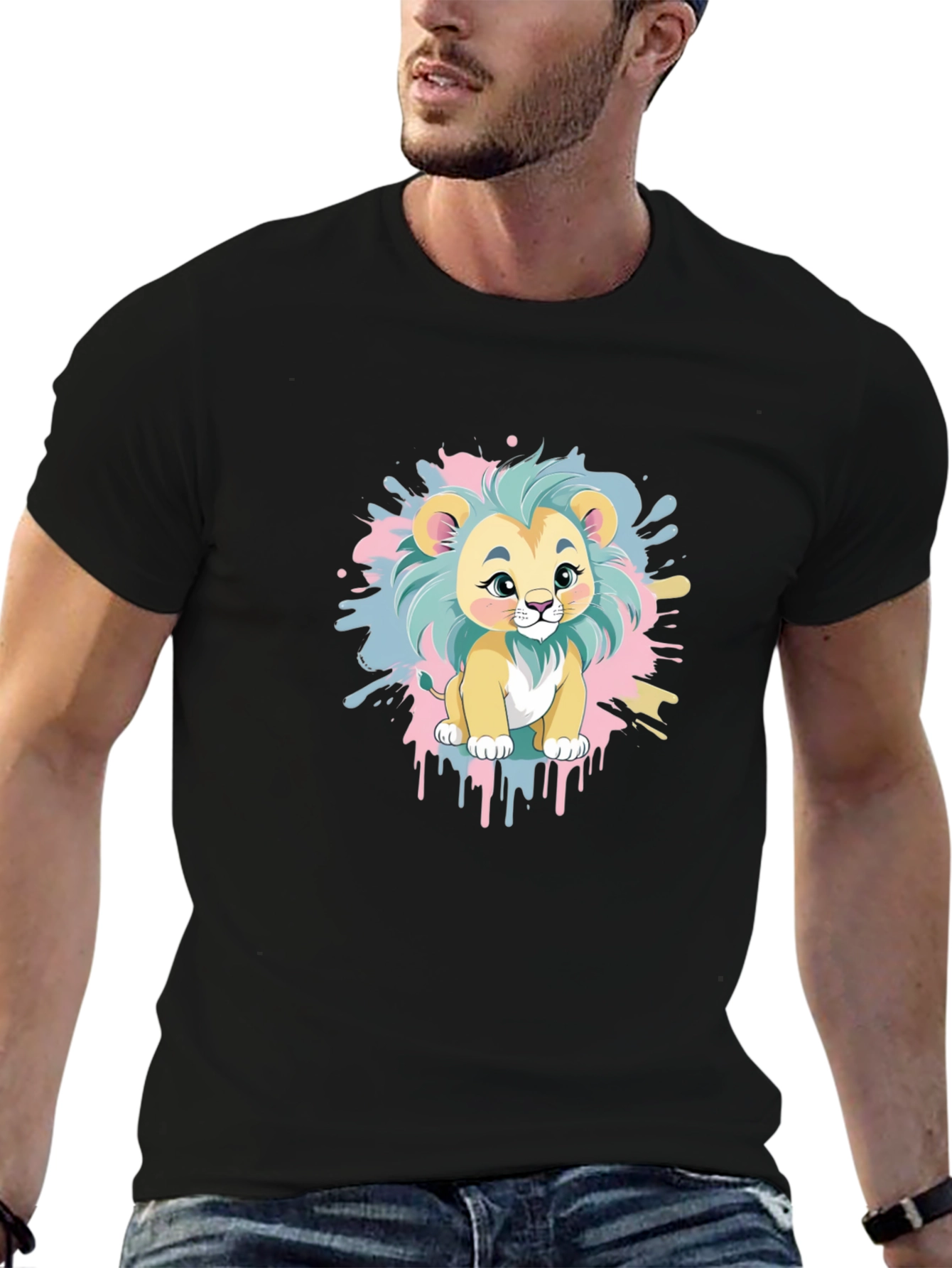 Black Cute Cartoon Lion Graphic Tee - Black Cotton Blend view 6