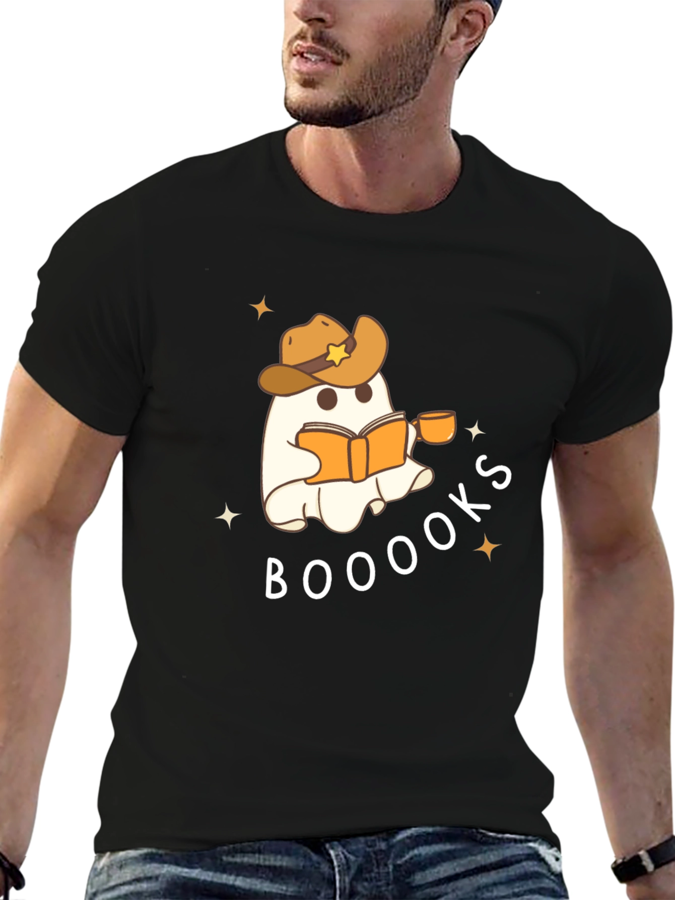 Black Booooks Ghost Reading Cowboy Hat T-Shirt view 6