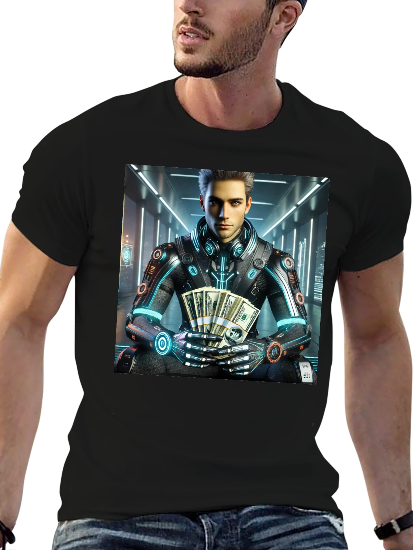 Black Cyberpunk Rich Guy T-Shirt - Futuristic Style view 6
