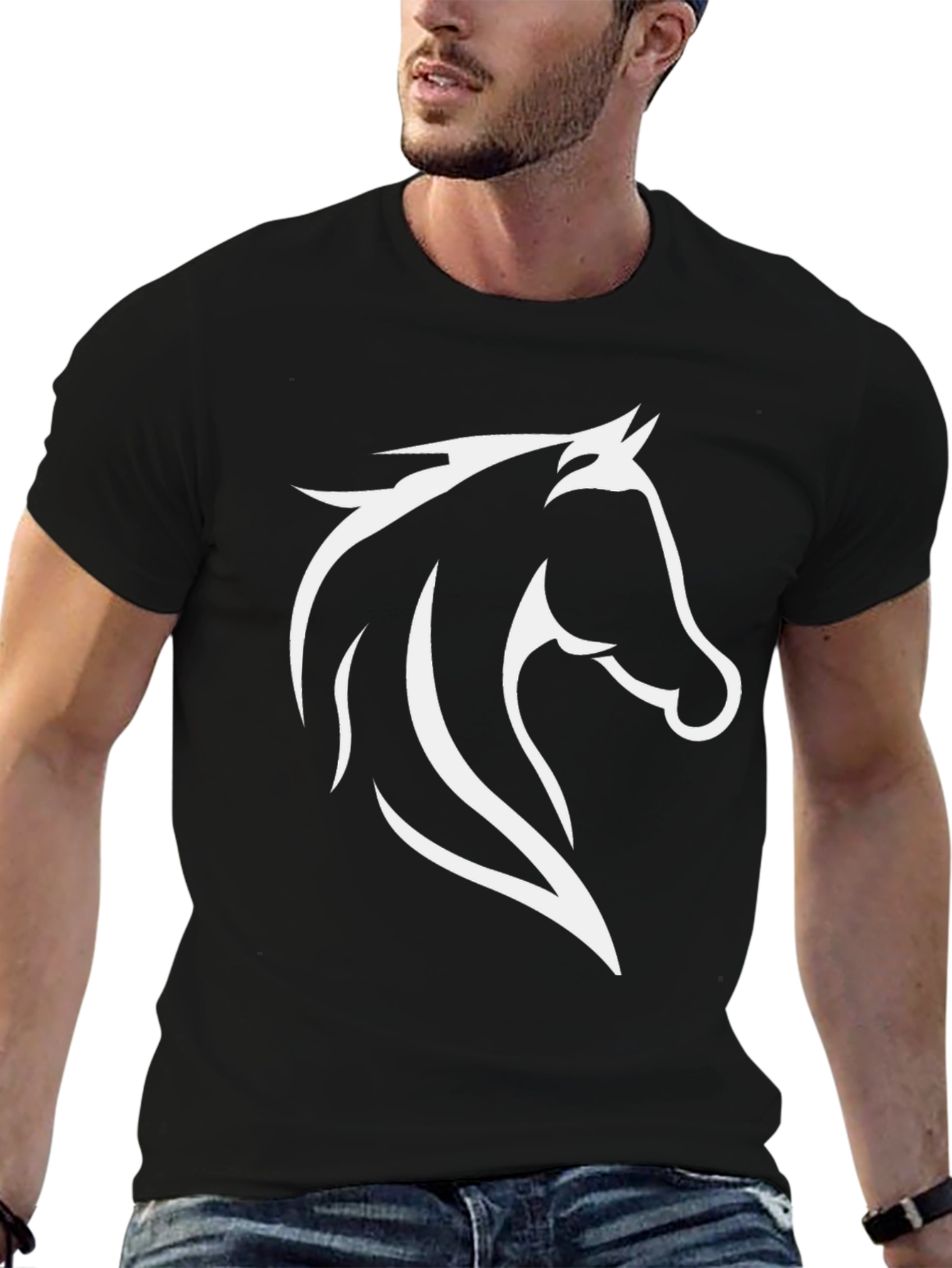 Black Black T-Shirt with White Horse Graphic view 6