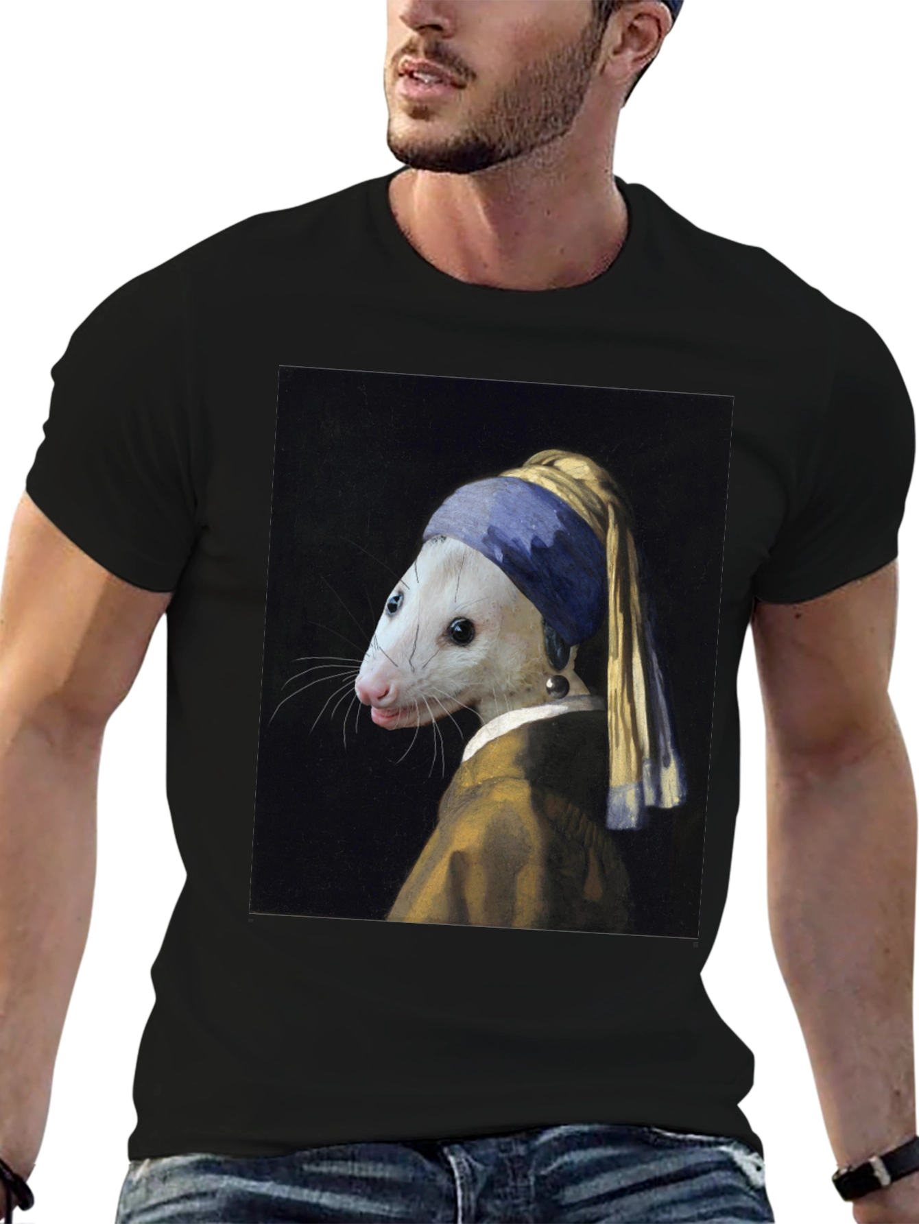 Black Opossum with Pearl Earring T-Shirt - Funny Art Tee view 6