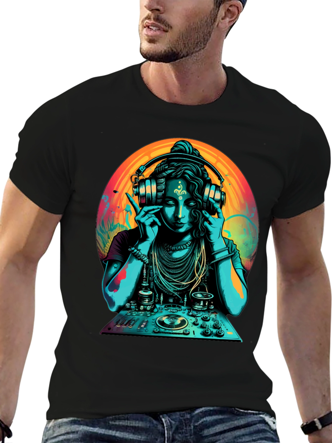 Black DJ Shiva T-Shirt - Black Cotton Graphic Tee view 6